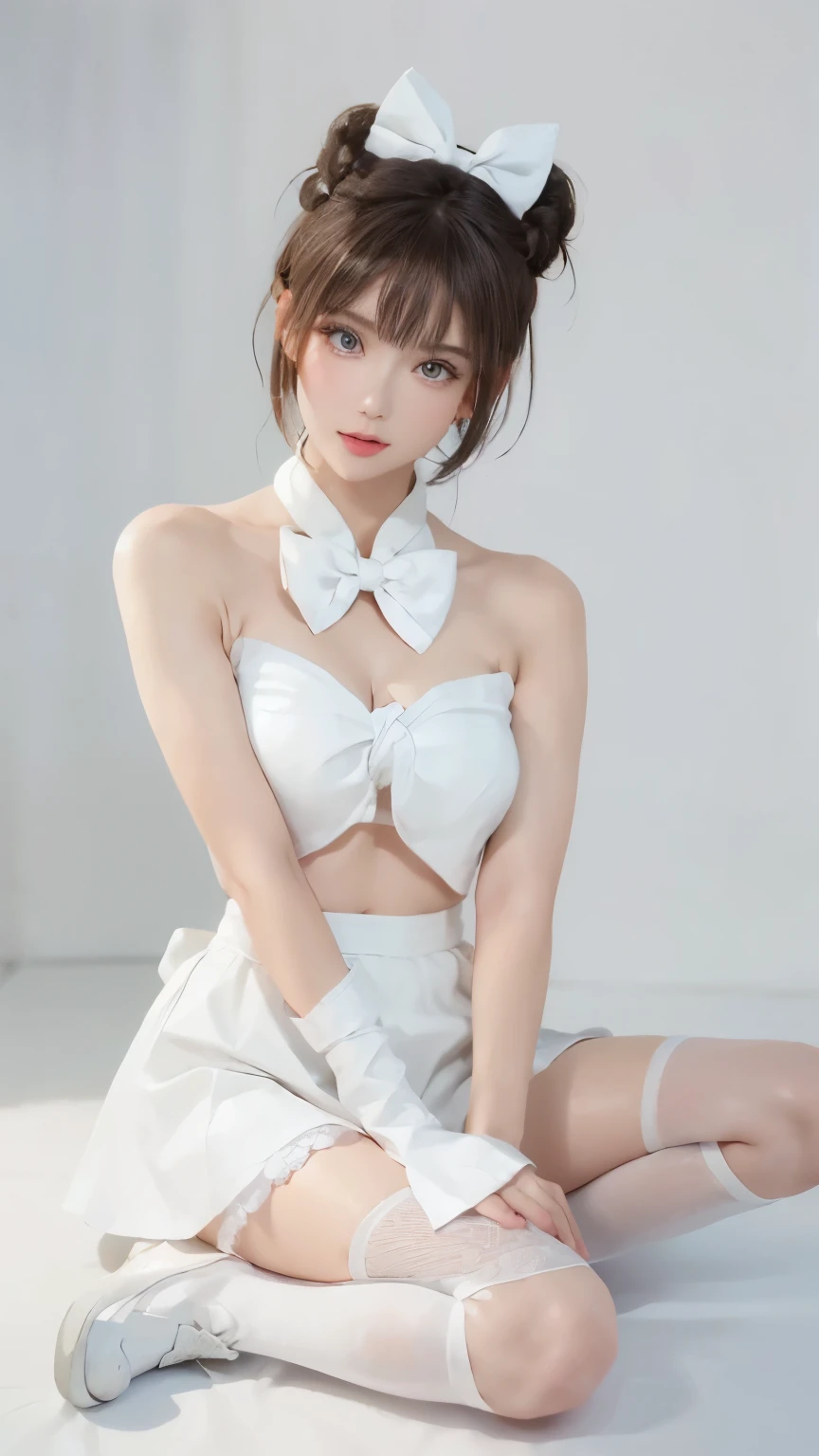 The body is completely normal.,girl, short skirt,white platform boots,platform shoes,((white stockings)),((Masterpiece, best quality, High resolution)), 8K ที่Very detailed, beautiful girl with , (Hyper HD, Very detailed, เนื้อหามีรายVery detailed, Very realistic, Surreal, Live photos), (1 woman,Bow knot:1.5), (realistic brown), short hair details,Bow knot,Hair pins, (Dynamic camera poses,, Beautiful and delicate face,slightly open, beautiful eyes),, glow,