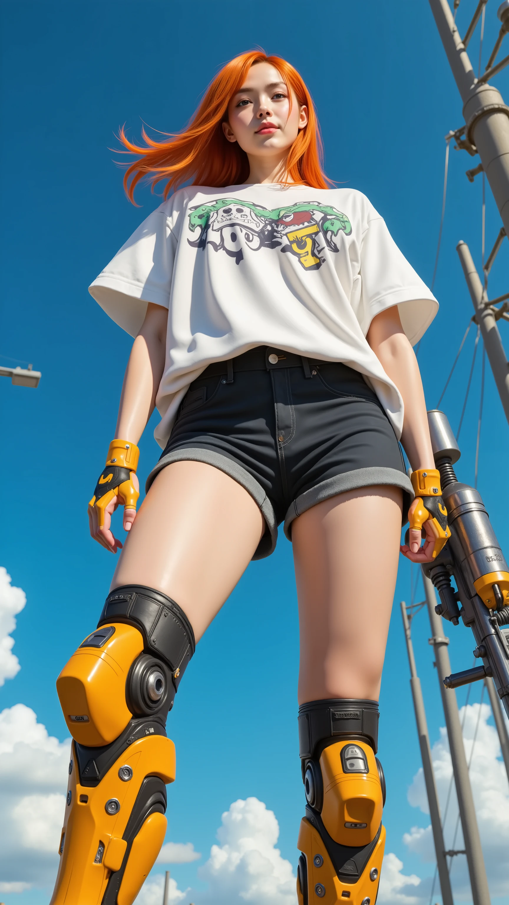 32k, Masterpiece, top quality, ( Korea's Beautiful Woman) Realistic, Low-angle, upward view. orange hair, casual clothing, oversized shirt, graphic design, dark shorts, robotic leg augmentations, yellow-orange, mechanical joints, attached mechanical arms, futuristic weapon, Deep Sky Blue background, cyberpunk patterns, action pose, dynamic.