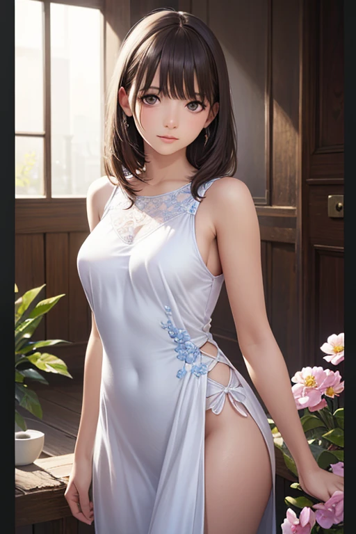 (extremely detailed CG unity 8k wallpaper), (masterpiece), (best quality), (ultra-detailed), (best illustration), (best shadow), (photorealistic:1.1), (PureErosFace_V1:0.5), (Taiwanese cute girl), (Taiwanese sexy beauty), (Taiwanese mature girl), Real skin, lens flare, shadow, backlight, (natural lighting), film grain, ((1 female)), ultra high resolution, (detailed eyes: 1.4), brown eyes, seductive smile, cute, (one-eyed), (brown hair), ((Ji short hair low ponytail)), ((white Summer Sunrise embroidered linen dress)), ((white tang shawl), ((big breasts)), (denim photo), (full body selfie), (medium scene), bokeh background, 18 years old, (( solo)), (Bright skin), Wearing a diamond necklace, (Looking at the audience), (Looking forward), (Evening), ((Plump)), (Plain), (Wet), (Sweat) (strabismus: 0.8), (Exposed cleavage), (St. St. Peter's Basilica), Vatican City, (inside the Basilica), (Romanesque), (pout: 0.3), (happy512:0.5), (beautiful_mistake-8500:0.5), (close moth), exposed panties,