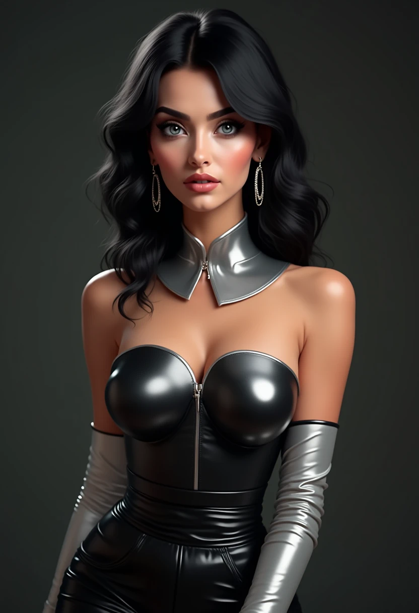 Gorgeous european woman with short hair, braided hair, wet hair, hair slicked back, combed straight back, slick hair, black gradient hair, dressed as Barbie in pink and blue, jewelry, cleavage, glamour, solid dark grey background