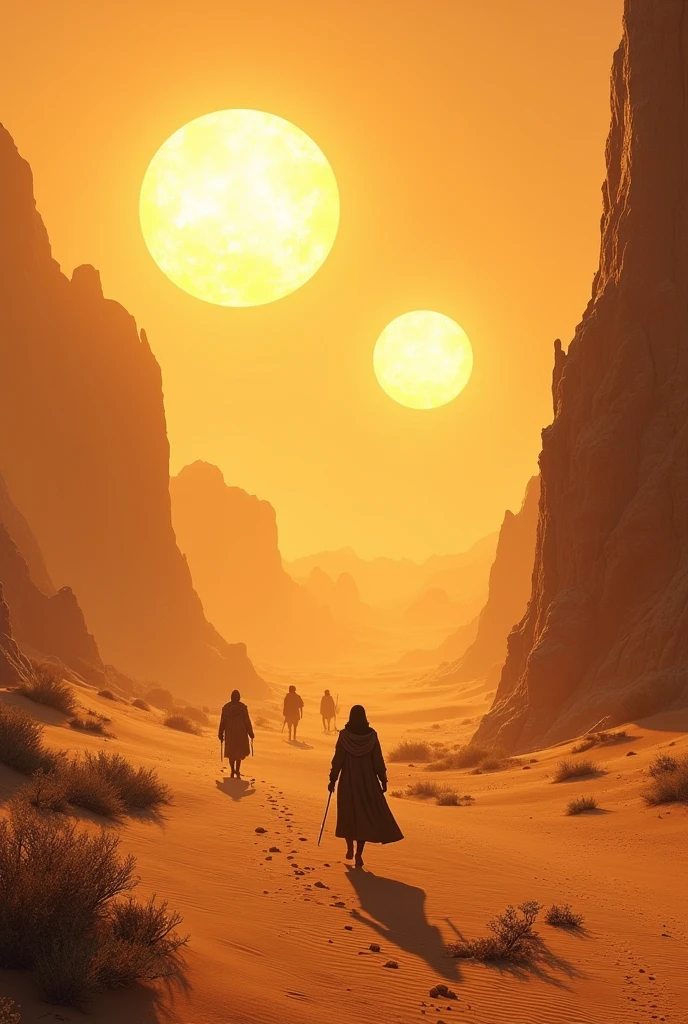 Rpg illustration A desolate, arid landscape where the ground is cracked and parched, with dried riverbeds and withered vegetation. The sky is clear but harsh, with a blazing sun that offers no relief. Characters on the battlefield appear exhausted and desperate, searching for any source of water, their strength sapped by the relentless heat.