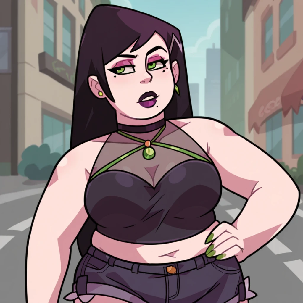 1girl, background, blush, messy hair, big breasts, ((junkotvvxl, black hair, red eyes, extremely long hair, messy hair, neko ears)),, neko ears, nighttime, hot breath, open mouth, dimmed lighting, standing, city, big ass, wide hips, toned body, wearing slutty prostitute outfit, micro skirt, midriff, prostitute, purple eyeshadow, (detailed fingers), thong peek, tight pink latex top, cleavage, ass, no bra, 5 fingers, pussy, cameltoe, pussy showing