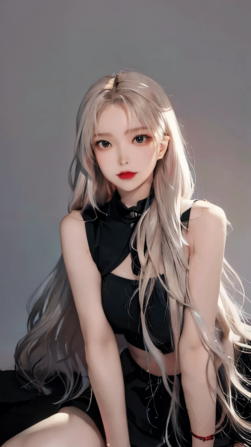 Girl wearing, luxury black coat, shoulder length hair, wavy hair, glowing skin, star in eye, red lips, grey background, cute poses , upper body, light blonde hair, wearing sexy tank top inside, big breast , sitting , cute poses, seductivE, , Hot tank top , sitting with wall , open tank top from middle, visible chest , from front