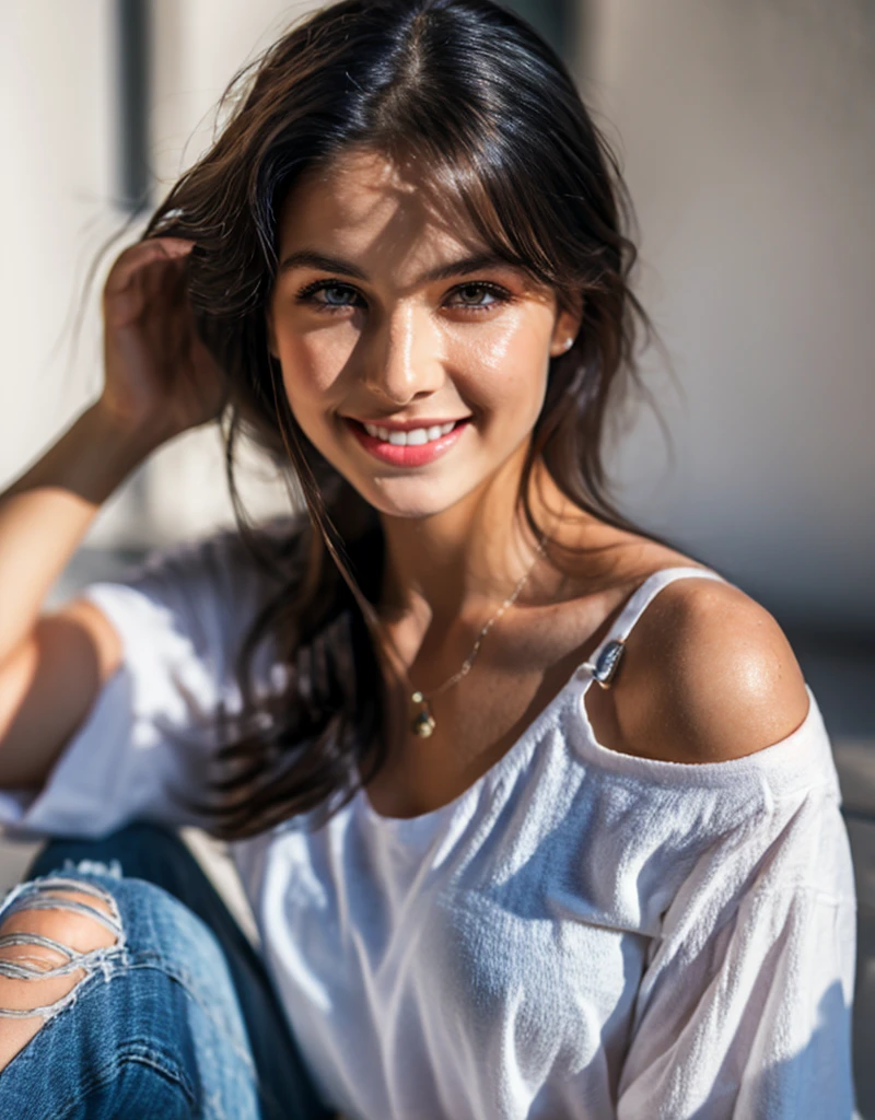 pretty woman, tied hair, smiling