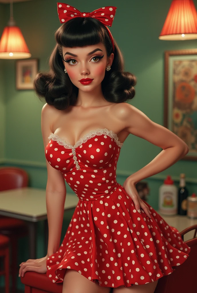 (8K HDR photorealistic pic), Betty Boop, short, althetic, curvy lady, ((tight little red dress)), dark eyebrows, black lipstick, (hoop earrings), dark eyeshadow, black lipstick, curvy, busty, (curly short black hair), shortstack, (retroussé breasts), darling figure, (supple pouting breasts), firm thighs, hourglass figure, kerchief, big brown eyes, dancing seductively