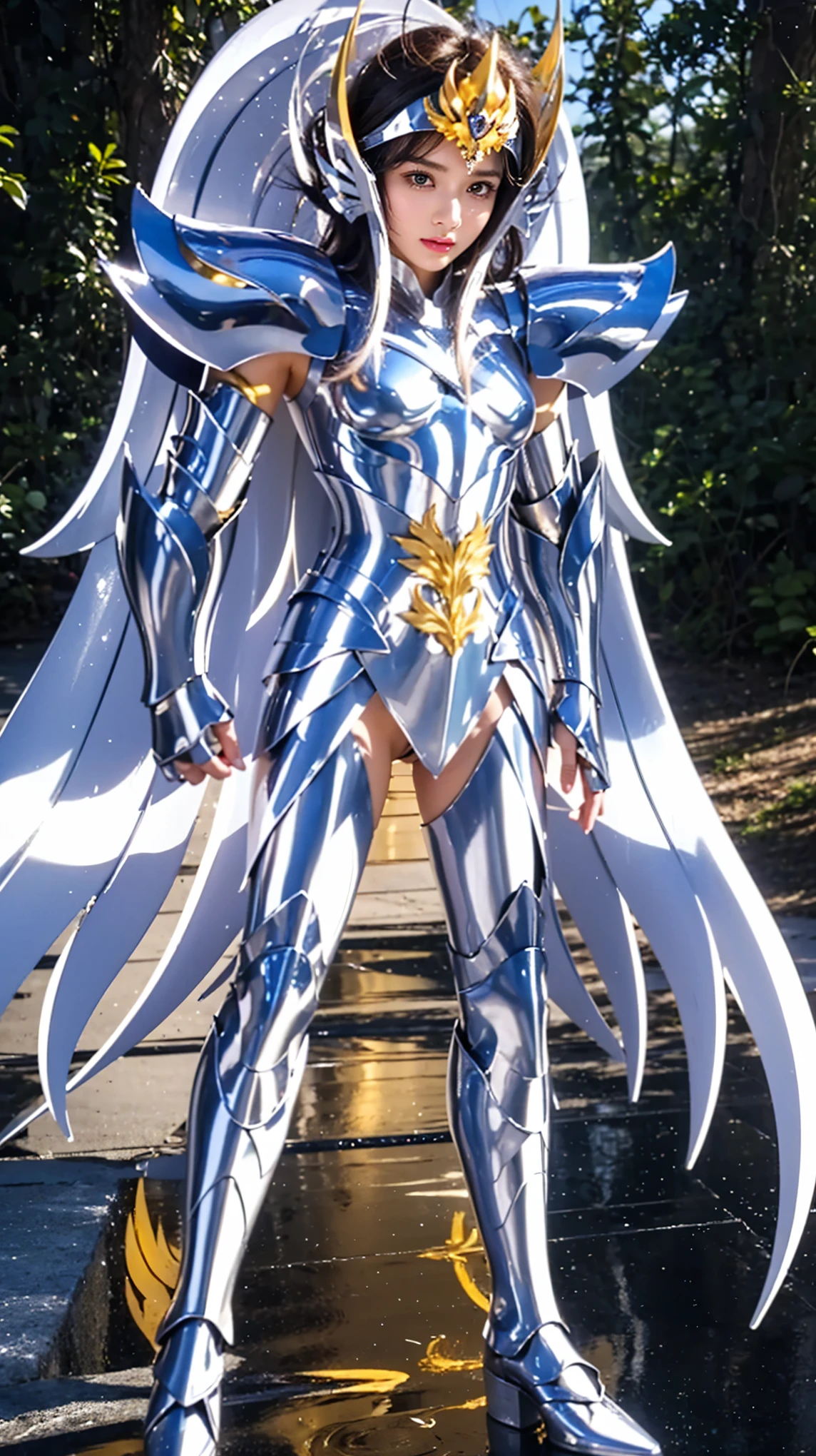 a woman in a blue and metal outfit, knights of zodiac girl, sliver ice color reflected armor, in opal armor, glossy metal armor, saint seiya, blue and ice silver color armor, clothed in ethereal battle armor, metal silver armor, portrait knights of zodiac girl, detailed metal silver armor, dressed in light armor, sleek bright metalbsilver armor.Big chest, big breasts, chubby body, slightly plump sexy waist, rosy red lips, beautiful round eyes, weight 55kg.