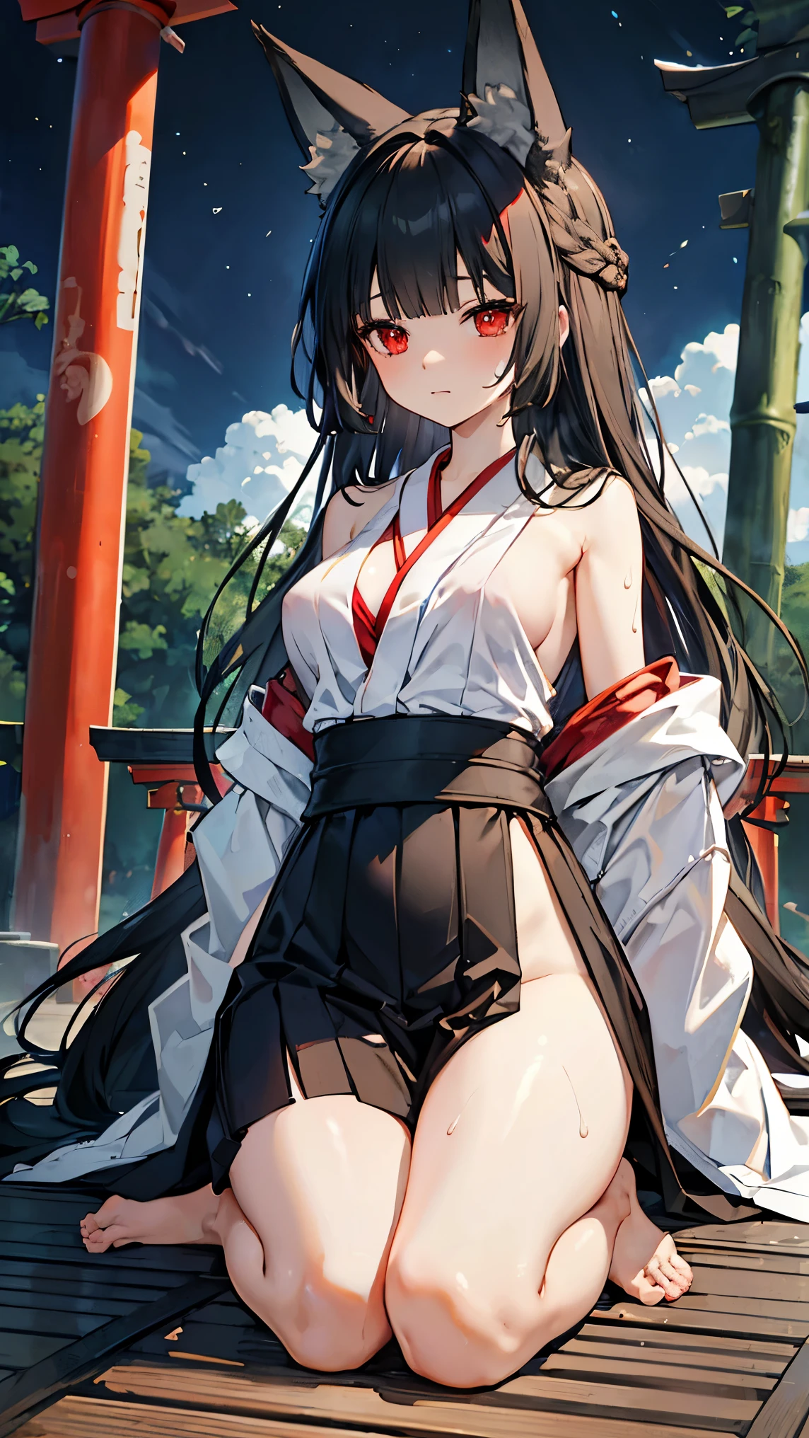  best quality 、、(Whitening skin)、 black hair, long hair, red eyes, fox ear,Petite、 slender,towel, changing clothes,naked, big breasts, slender, sweaty,,,torii,Shrine maiden,Red Hakama,Night Sky,bamboo forest,shrine