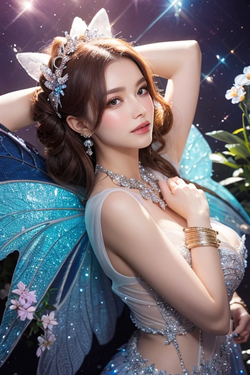 blue dress,long dress,bare shoulders,strapless, Beautiful dance dynamics, Sitting,Long legs , ((Flowing long hair))Official Art , Unity8k Wallpaper , Extremely detailed , Visible cleavage, Pretty and beautiful , Sexy long legs, masterpiece , best quality ,Practical, Very detailed illustrations ,Extremely detailed , Intricate details , Extremely complex and detailed , Very detailed 8KCG wallpaper , Caustics .reflection , Ray Tracing , Devil Theme ,nebula ,Dark aura, Network Effects , (1 Girl)Solitary , 小蓝Butterfly , Dozens of monarch butterflies around , (Blue plasma flame , (insect , Butterfly)) 圣光Butterfly天使 , Butterfly翅膀 , Pastel tones in Rococo style ,Light white and light dark red , Incredibly beautiful , Cherry blossoms , Surrealism ,painting , Ethereal , Mixing reality and fantasy elements ,Ray Tracing , Complex patterns , Delicate lines , Perfect your hands, Starry Sky , rich and colorful , Star
