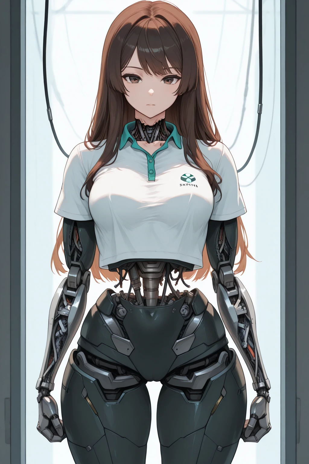 masterpiece, best quality, extremely detailed,front view,japaese android girl,control panels,android,Droid,Mechanical Hand,Robot arms and legs,polo shirt,long hair,brown hair,long tube,thick cable connected her neck,mechanical crotch,broken body