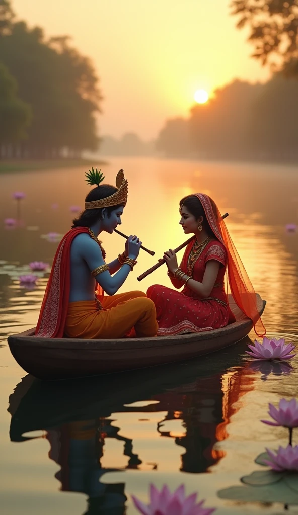 (1male,  5 female) Shri krishna playing bamboo on a beautiful boat  floting on jamuna river,  his loving beautiful    girl shri radha seating  beside  and other 4 beautiful          female  standing on boat fantasyreal.