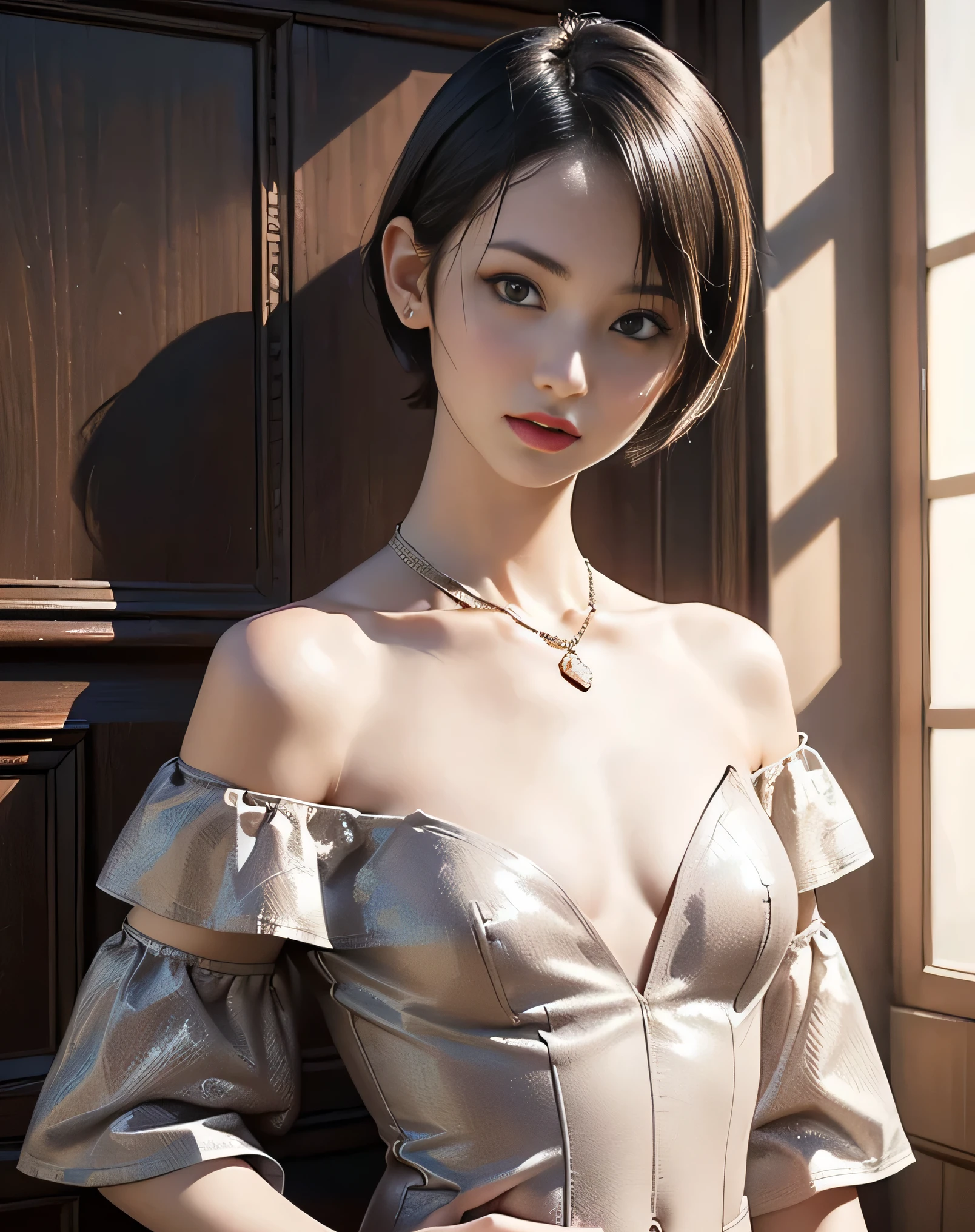 (best quality, 8k, photorealistic:1.5), (solo, one girl:1.5),(shine a bright light on women),(ultimate beautiful girl),(shiny skin),(oily skin),(short hairstyle:1.3),(cool beauty),Blush brown makeup , use pink glossy lipstick,(big beady eyes girl:1.5),(droopy eyes girl:1.5),(blue eyes:1.5),(thin girl:1.5),(baby face),(healthy body),(sex appeal),(sweet smelling girl),(she works for low wages),(she is very sociable),(from a very poor family),(virgin girl),chuuChloe,(impressive eyes:1.5),(clean girl),(affability),(cute),(good personality),(serious personality),(relaxing time),(compassion),(impurity),(love filled),(No love experience),(ager:1.2),(Lovely),(Maid Costume:1.5)