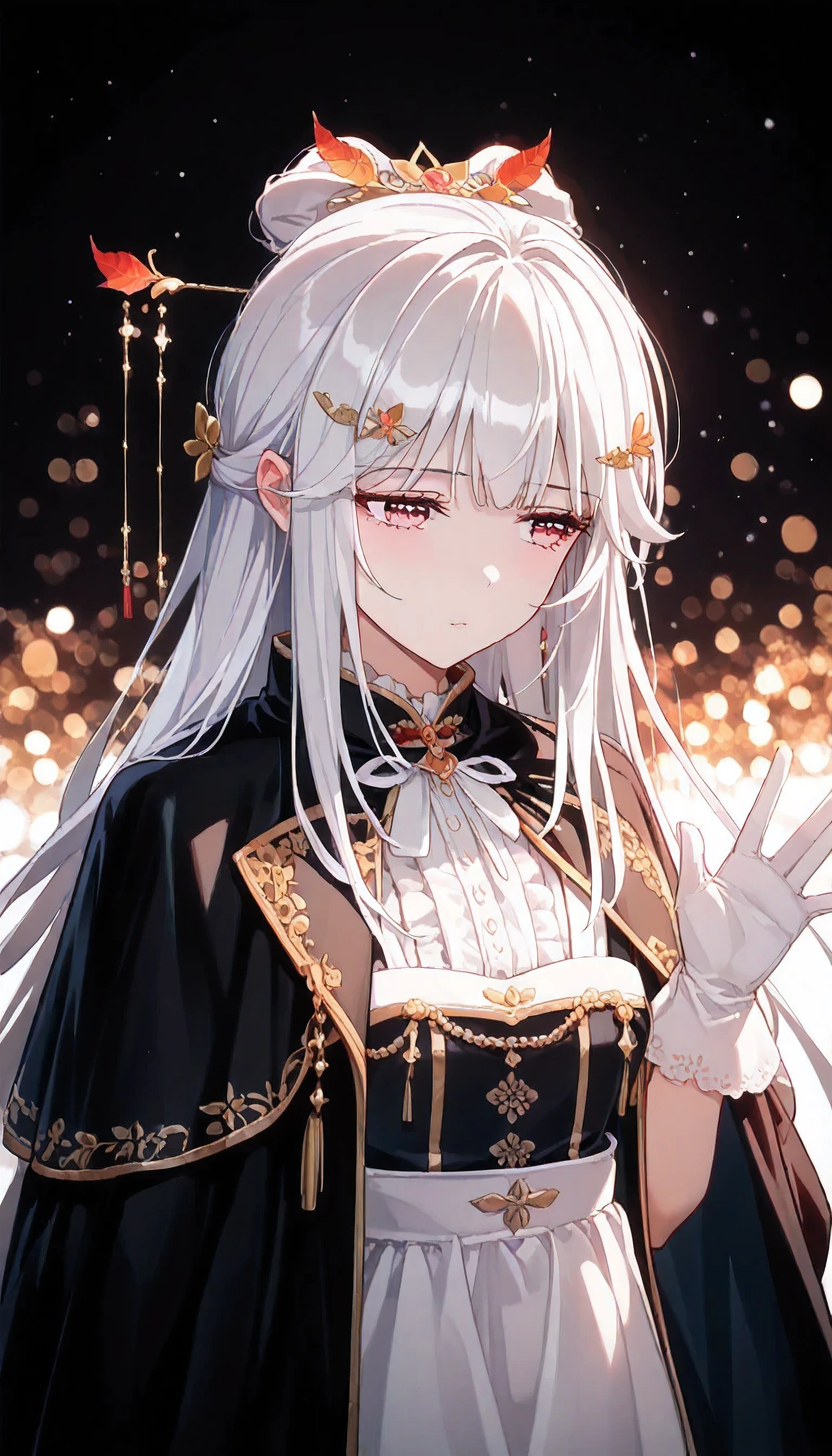 UN\(EOE\),one girl,solo,best quality, masterpiece,score_9, score_8_up, score_7_up,,break,1girl,(standing,bokeh background,close up,autum theme,dead leaves), (shaded Lighting),,break, incredibly_absurdres, ,very high resolution, very aesthetic,by famous artist, 8k, 16k,,beauty illustration,photoshop_(large),,(pink eyes:1.2,looking outside),(white hair|Detailed hair|long hair|hairpin|updo),(cloak ,coat top,string,frills,apron),(sleepy, depressed,emotionless,jitome),,one mole under eye,intense angle, f/16, Canon,upper body,(waving),white gloves,lace frills