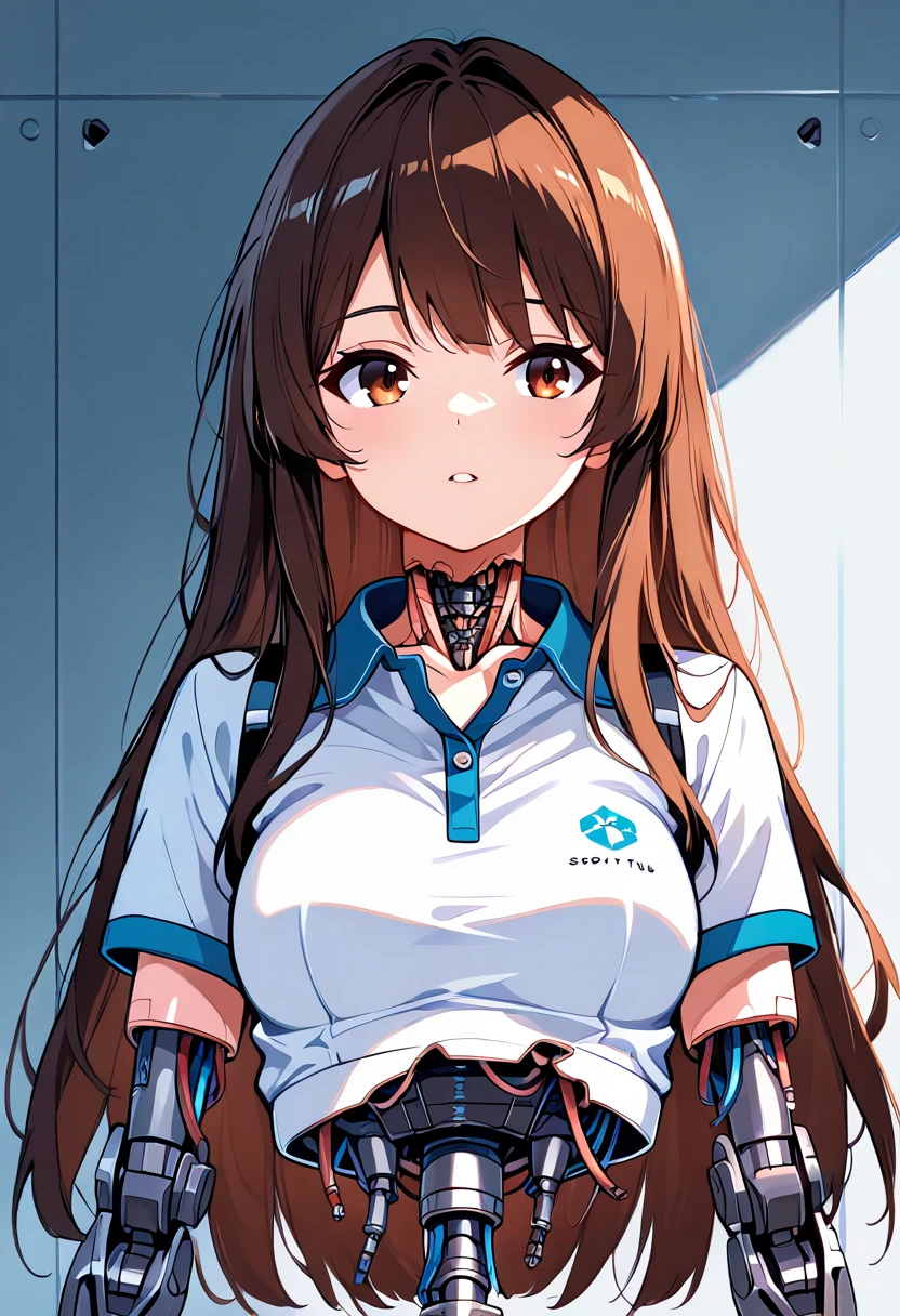 masterpiece, best quality, extremely detailed,front view,japaese android girl,control panels,android,Droid,Mechanical Hand,Robot arms,polo shirt,long hair,brown hair,long tube,thick cable connected her neck,robottorso,broken body