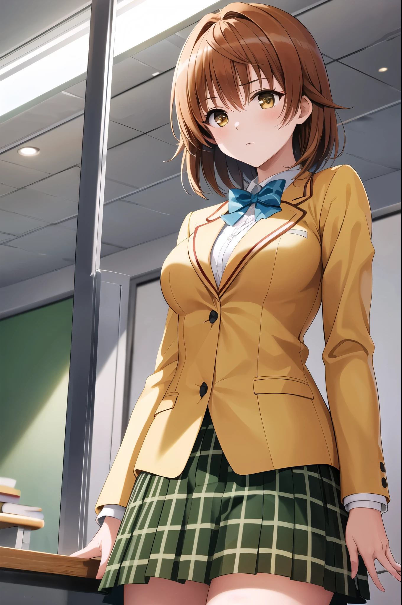 masterpiece, best quality, highres, aariko, short hair, brown eyes, school uniform, blue bowtie, blazer, yellow jacket, long sleeves, plaid skirt, green skirt, standing, cowboy shot, serious,classroom ,from below ,glossy lips, perfect light,
