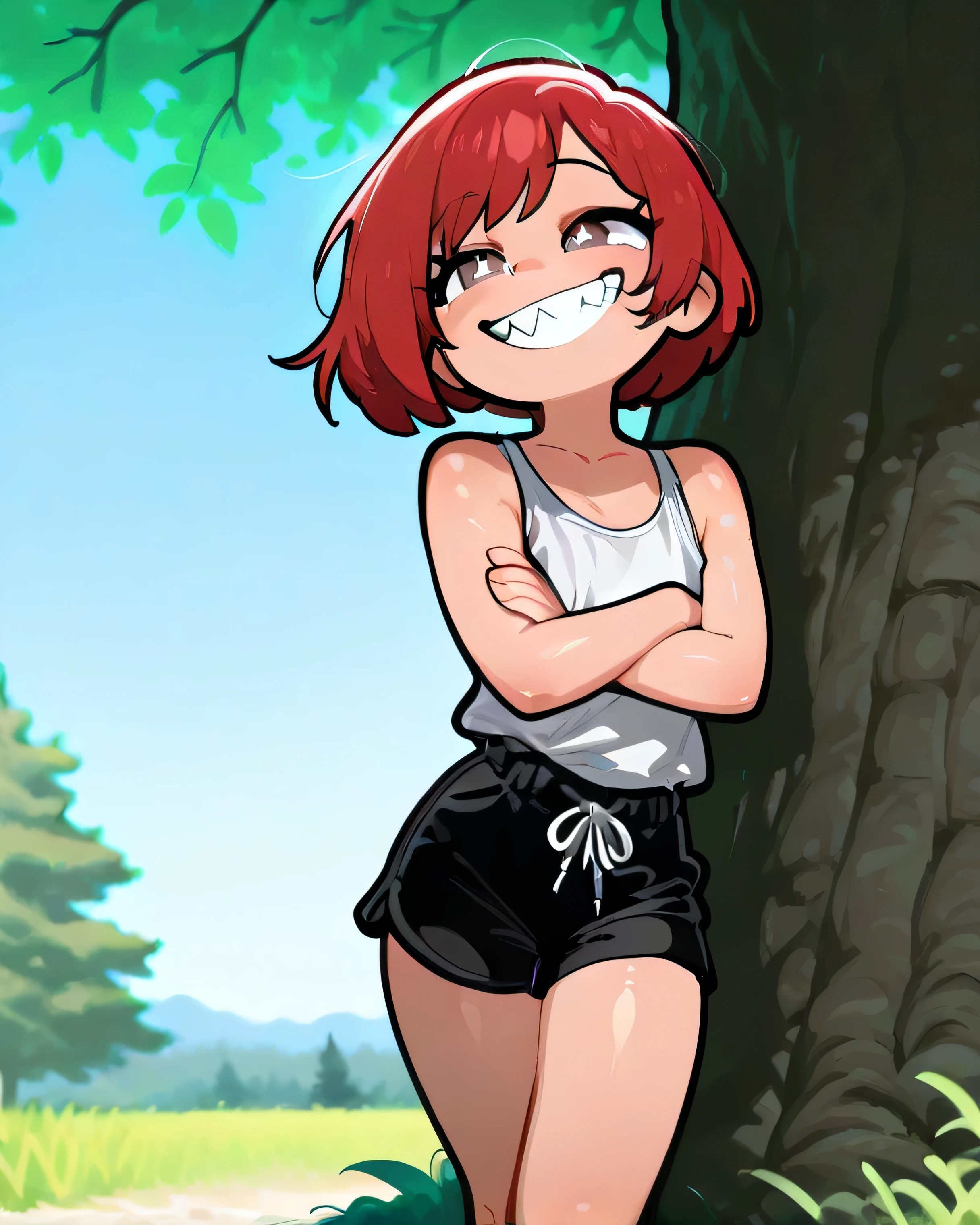 (photorealism:1.2) ((best quality)), ((masterpiece)), (detailed), 1boy, 4K High Detail, , smaller than normal ren, a boy, fair skin, smiling, showing teeth, cheerful, short hair, red hair, hair standing up, hair in front swept up, standing with arms crossed, leaning against a tree, wearing a tank top, white shirt, black shorts, sandals, standing firmly, giving a sense of determination, cheerful , smaller than normal ren, background is trees, beautiful sky, fresh green grass.