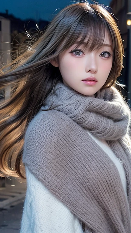 ((hair blowing in the wind、no makeup:1.2))、(realistic、Photoreal、Super detailed、best detailed skins、highest quality、masterpiece、超A high resolution)、cute russian woman、14 years、high school girl、young girl、1 girl、have bangs、ash blonde:1.7、double eyelid、drooling eyes、Japanese style face、purity、realistic skin type、thick muffler、Gray muffler、fluffy hair、((There&#39;hair in scarf:1.3))、red cheeks、The wind is blowing、that&#39;It&#39;s snowing、night、illumination、Lighting from behind、hair blowing in the wind、((Antarctica、A meteor shower、A world view of the aurora))