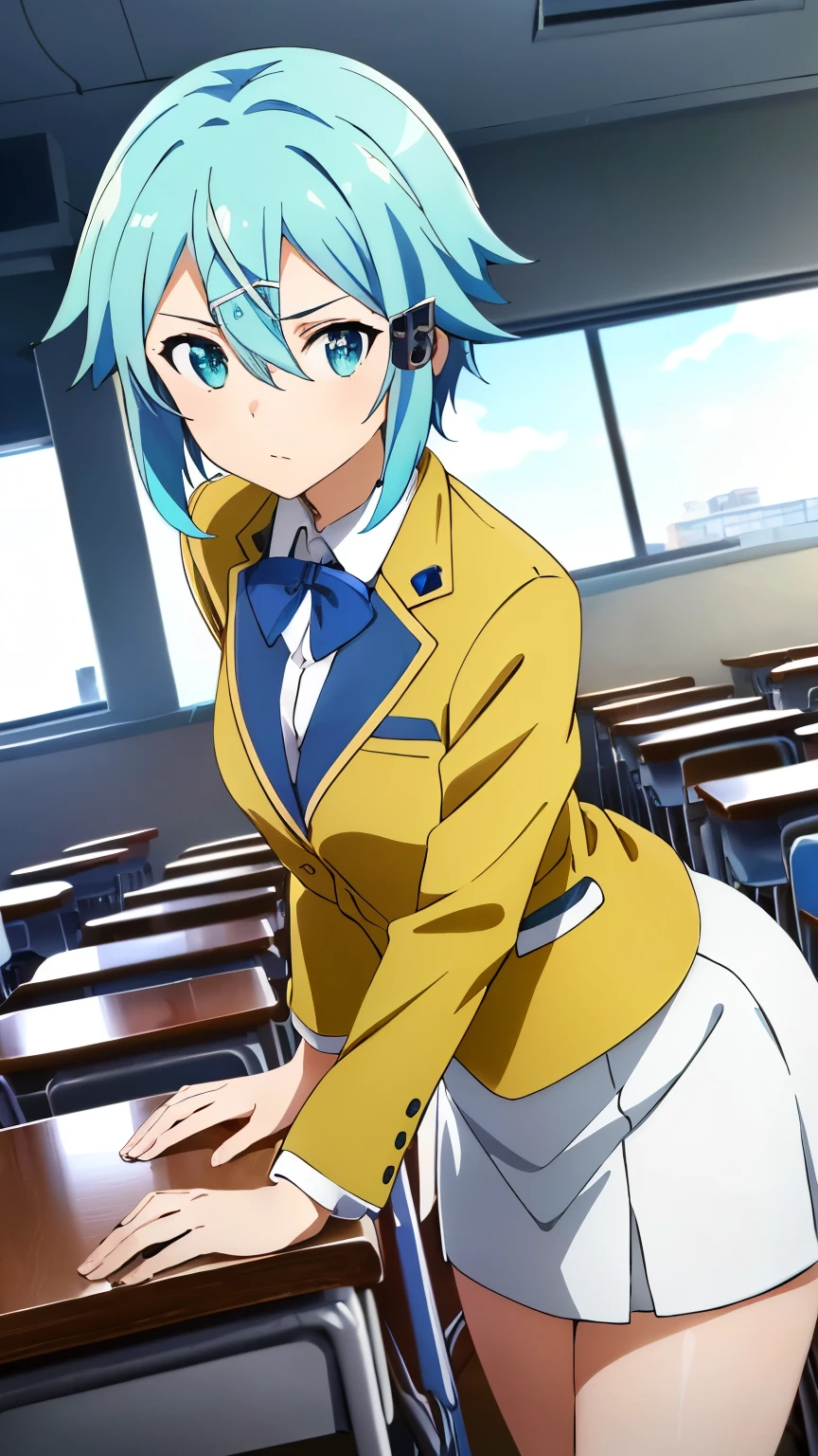 ( top quality, Masterpiece, 8k:1.2), ultra detail, high resolution, (Anime:1.2), 1 girl, Alone, EpsOA Shinon , short hair, light blue hair, Detailed Jewel Eye, hair between eyes , ( 2 of the hair accessories:1.2), Hair Clips , side lock, ( white blazer, white tight skirt , good, classroom), dynamic angle, cowboy shooting at the audience, Audience ,