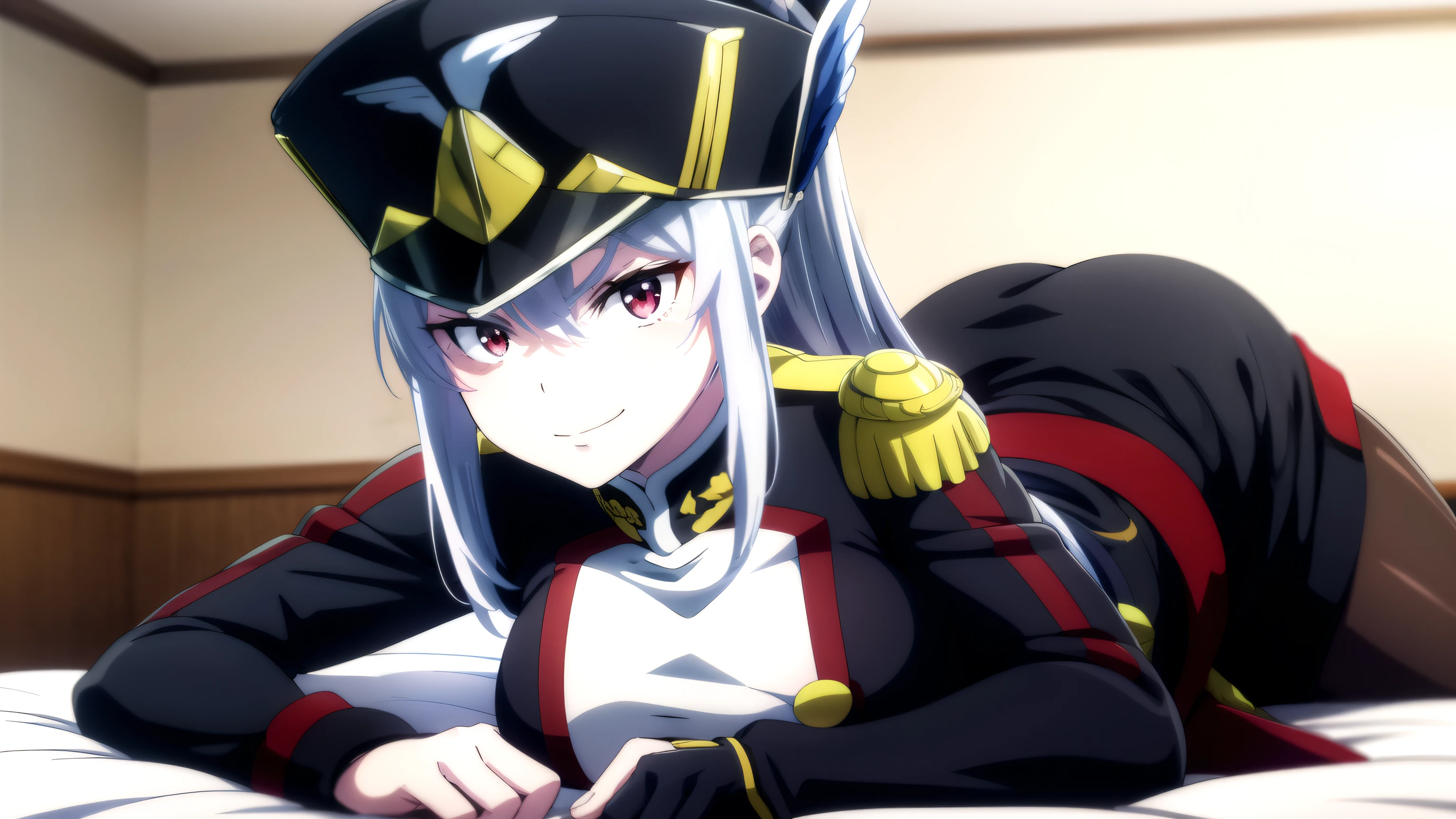 anime background art,     bottom of the room    ,     one bed    ,     Duration    ,    beautiful anime scenes    ,     4k anime art wallpapers    ,     4k anime art wallpapers    ,      Global reach has grown  ,    anime girl  ,  1 girl , Laura likes the     ,     High quality  ,     detail, One,     looks at the viewer  , mouth closed,    smile,  military hat ,     definition in the eye    ,     perfect face ,  ,  lying on the bed  ,     perfect face ,    perfect hair   ,    gray hair,     red eyes  ,    unbuttoned military suit   ,     looks at the viewer  ,  big ,  big ass. Shows off her big naked ass to a viewer.     pussy video without panties. smirk on face, ear wing decoration.
