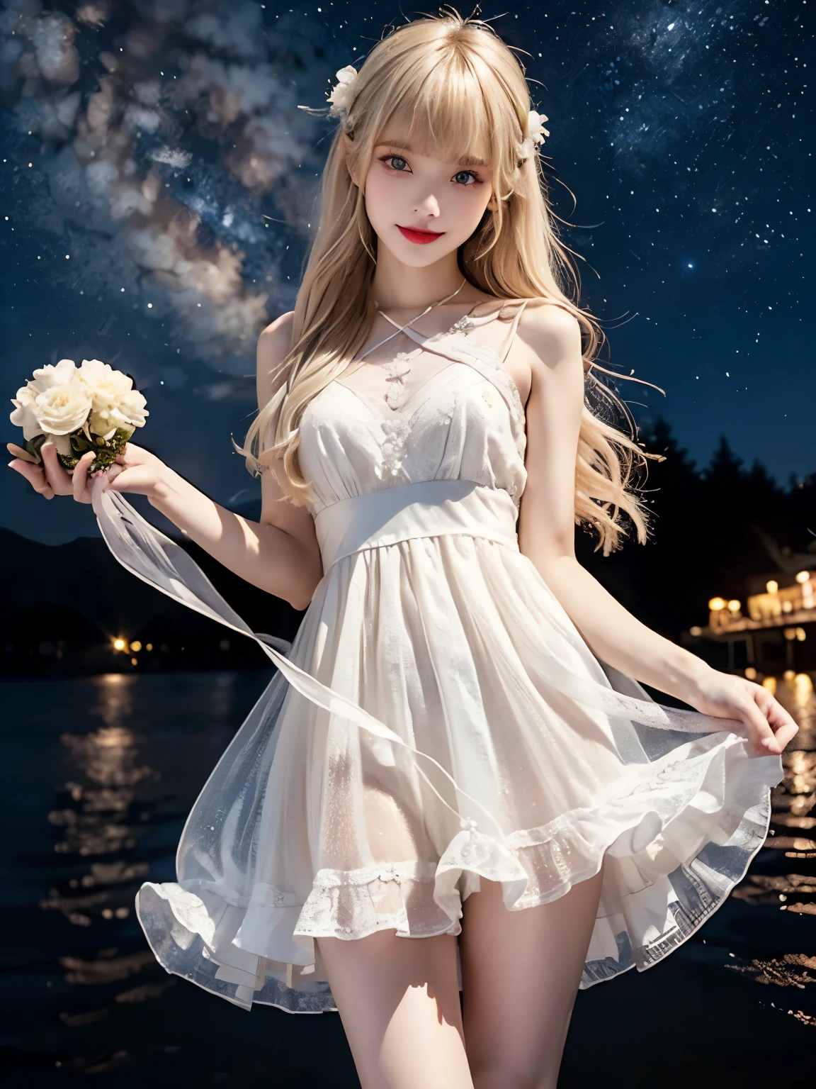 raw photo, 8k, (top-quality), Realistic, (real picture, Intricate details), (natural skin texture, detailed skin, hyper realism, sharpness), (Japanese age girl flying in the sky high at night, white flowers, dancing), ((white dress, see-through dress, white flower hair ornament, look far away)), (pale skin:1.2), slender body, ((light blond hair:1.3, long hair, blunt bangs)), (Parted lips:1.3, eye shadow, eyeline, tear bag:1.2, red lip, undereye circle, smile), night time, starry skies, full body shot