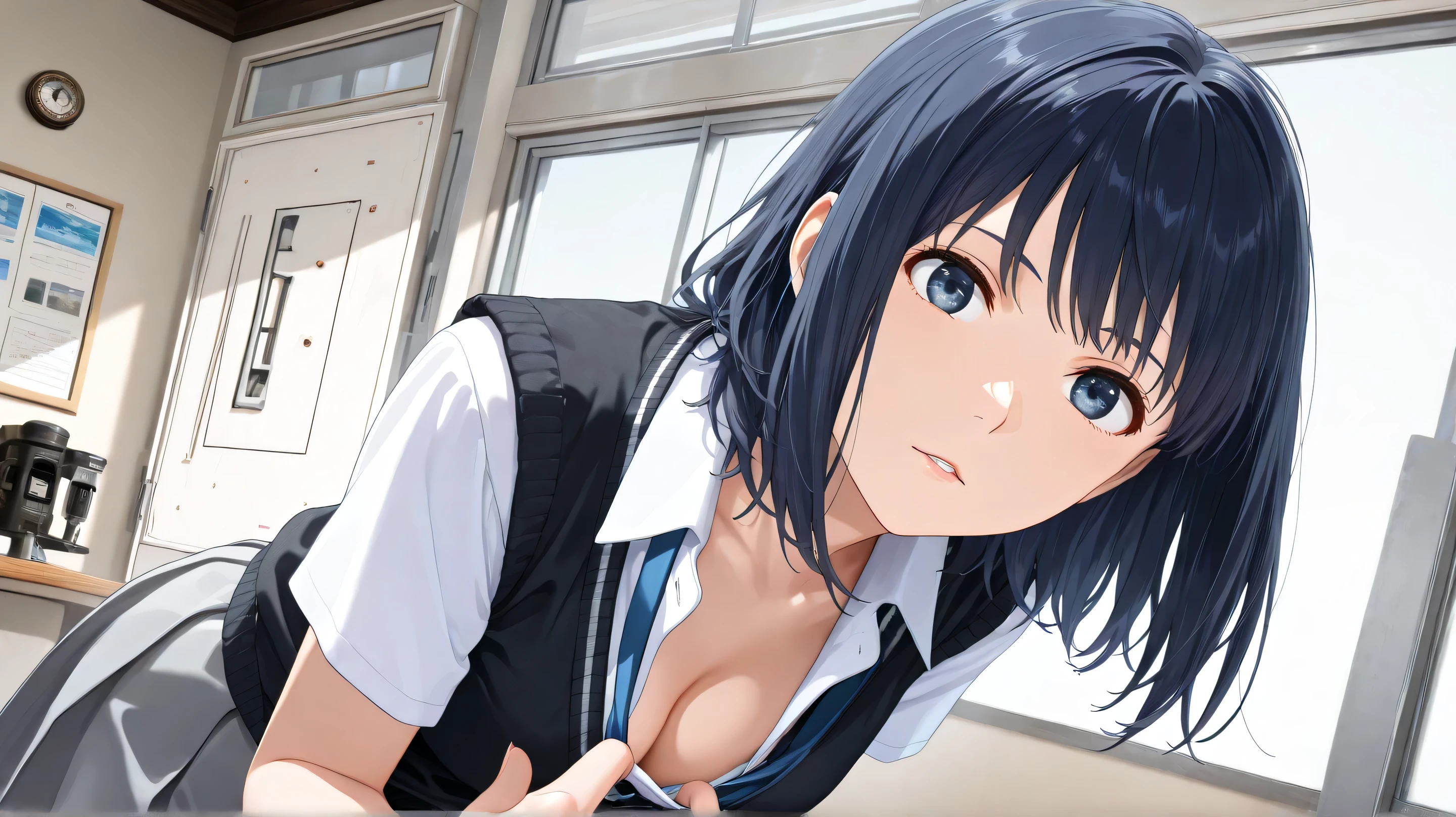 (ultra-realistic photo, RAW Photo , portrait , Realism, 3d rendering, from movie stills, blender render, art academia, main artwork, Soft lines , steampunk)、 break 1girl, only , Akane Kurokawa, dark blue hair, dark blue eyes , school uniform, black sweater vest, white shirt , collared shirt , Blue Tie , sailor vest, medium breasts, gray skirt, pleated skirt at the top of the screen, break house , class, break ( front , looking at the viewer , cleavage focus,), break ( cleavage :1.4),( leaning forward , leaning head), break (Finger pulling clothes to show off cleavage ), break ( separated lips on tatamis )