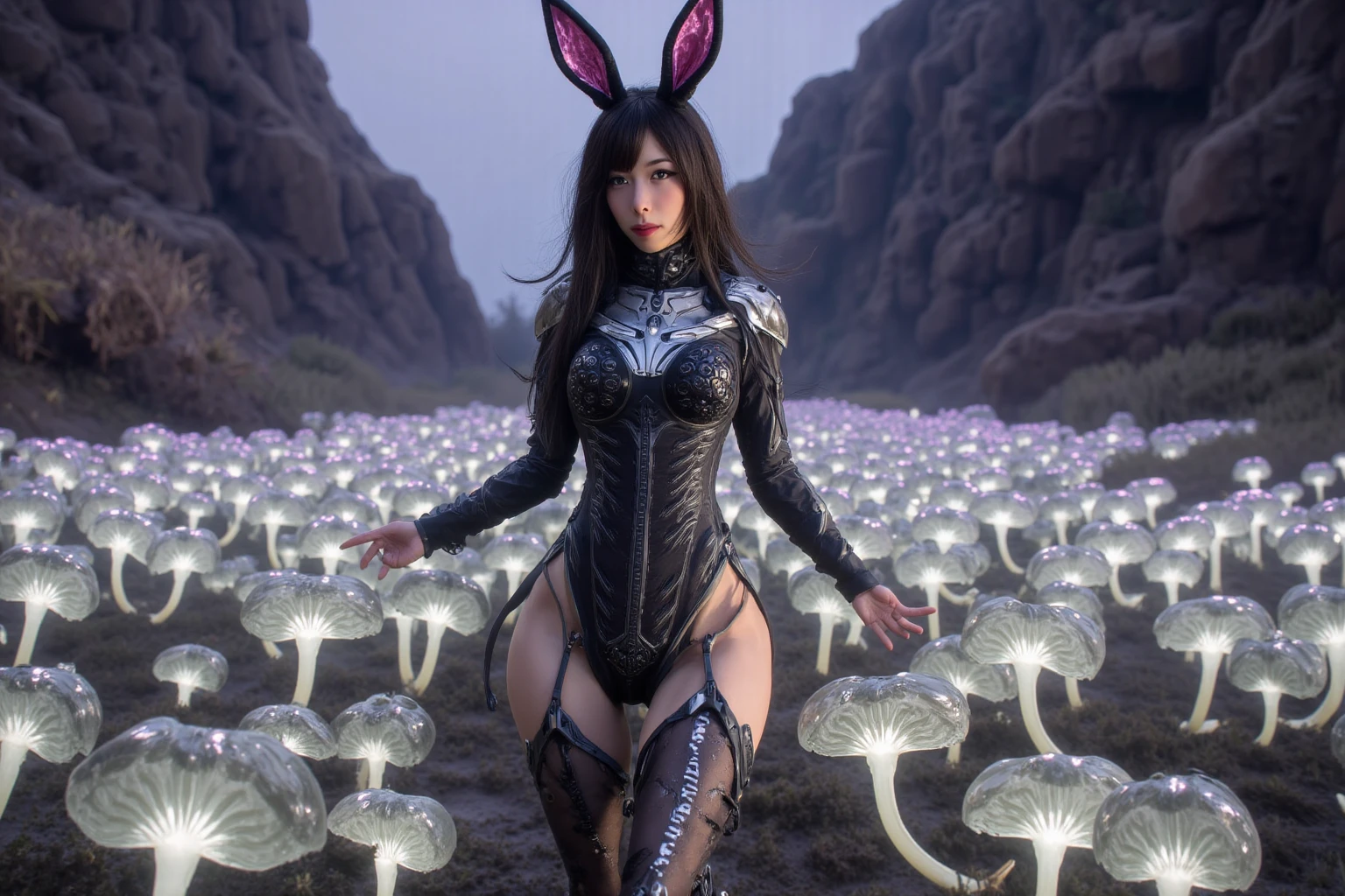 1girl, surrounded by towering mushrooms and twisted trees, glowing alien cityscape background, extraterrestial visitors, unreal science fiction world, brown skin, platinum black hair, black eyes, detailed face, cold-faced, looking at viewer, (large breast:1.4),