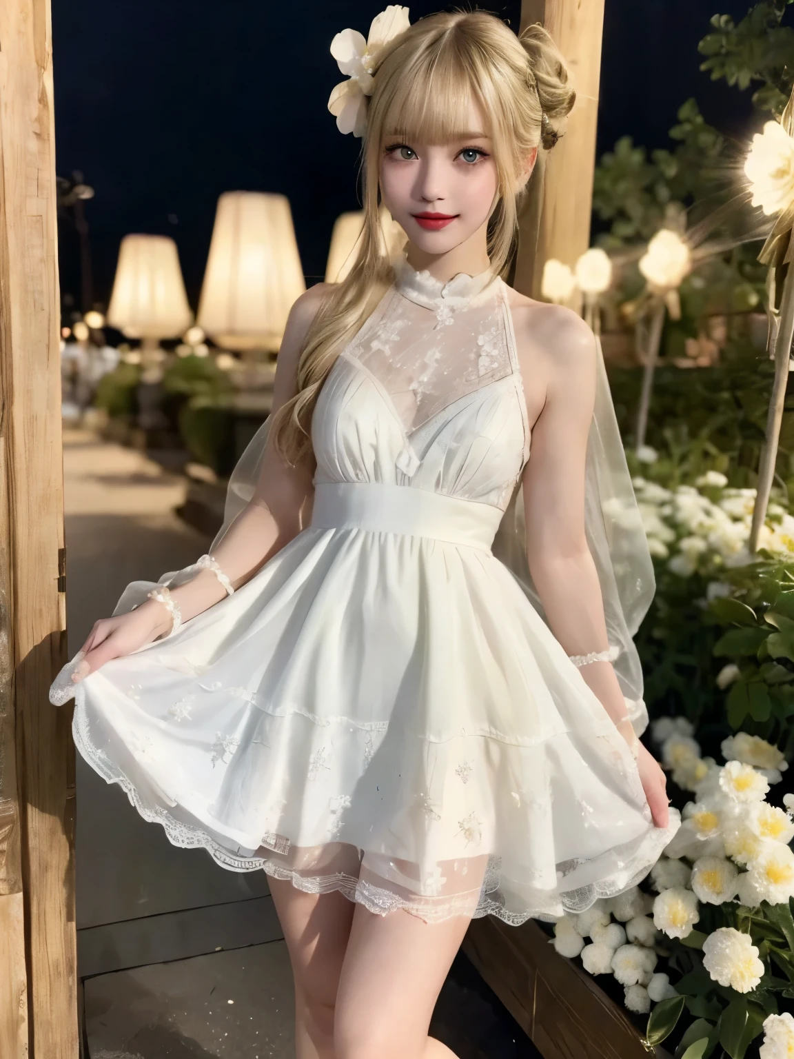 raw photo, 8k, (top-quality), Realistic, (real picture, Intricate details), (natural skin texture, detailed skin, hyper realism, sharpness), (Japanese teenage girl dancing in a flower garden at night, white flowers, dancing), ((white dress, see-through dress, white flower hair ornament, look far away)), (pale skin:1.2), slender body, ((light blond hair:1.3,  bun hairstyle, blunt bangs)), (neat face, Parted lips:1.3, eye shadow, eyeline, tear bag:1.2, red lip, undereye circle, shy smile), night time, starry skies, full body shot
