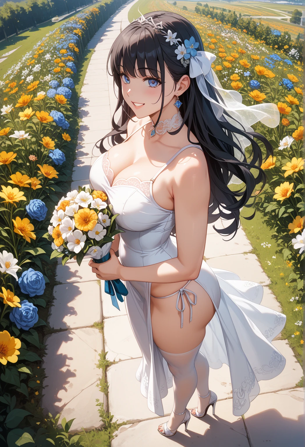 masterpiece, best quality, highres, wedding dress, white dress, garden, holding bouquet, confetti,Shoulder Bare、midriff peek、bare legs、very long veil、(She showed off her white panties:1.5)、((Glowing Skin:1.2))、cameltoe、reina、smile