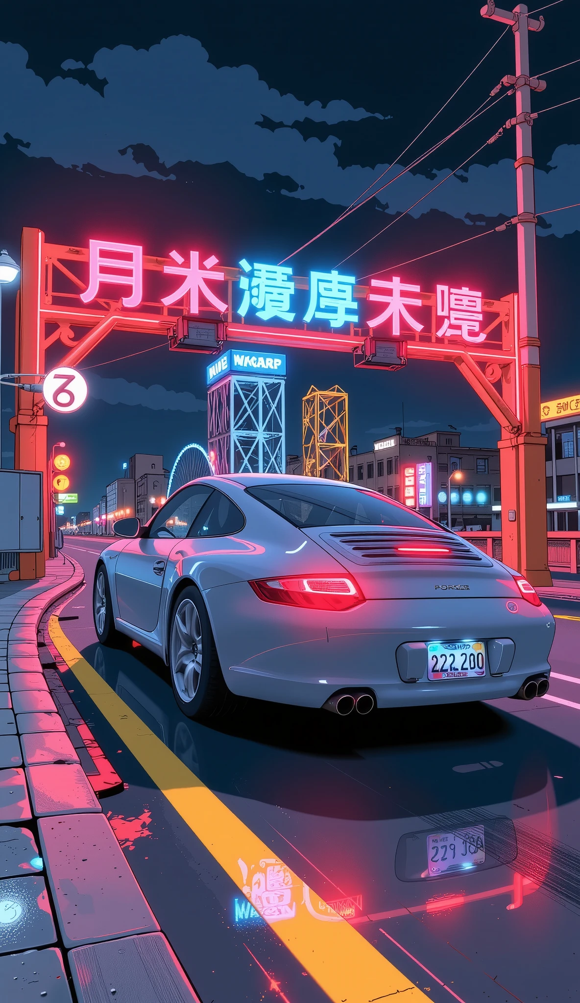 Neon Light Objects, Neon Light Artwork , Porsche 911, Running through Wangan Wharf at Night , movie-like lighting , Movie-like Composition , photorealistic , photorealistic, HD, High Quality , 8k, Aesthetics at its best, masterpiece,
