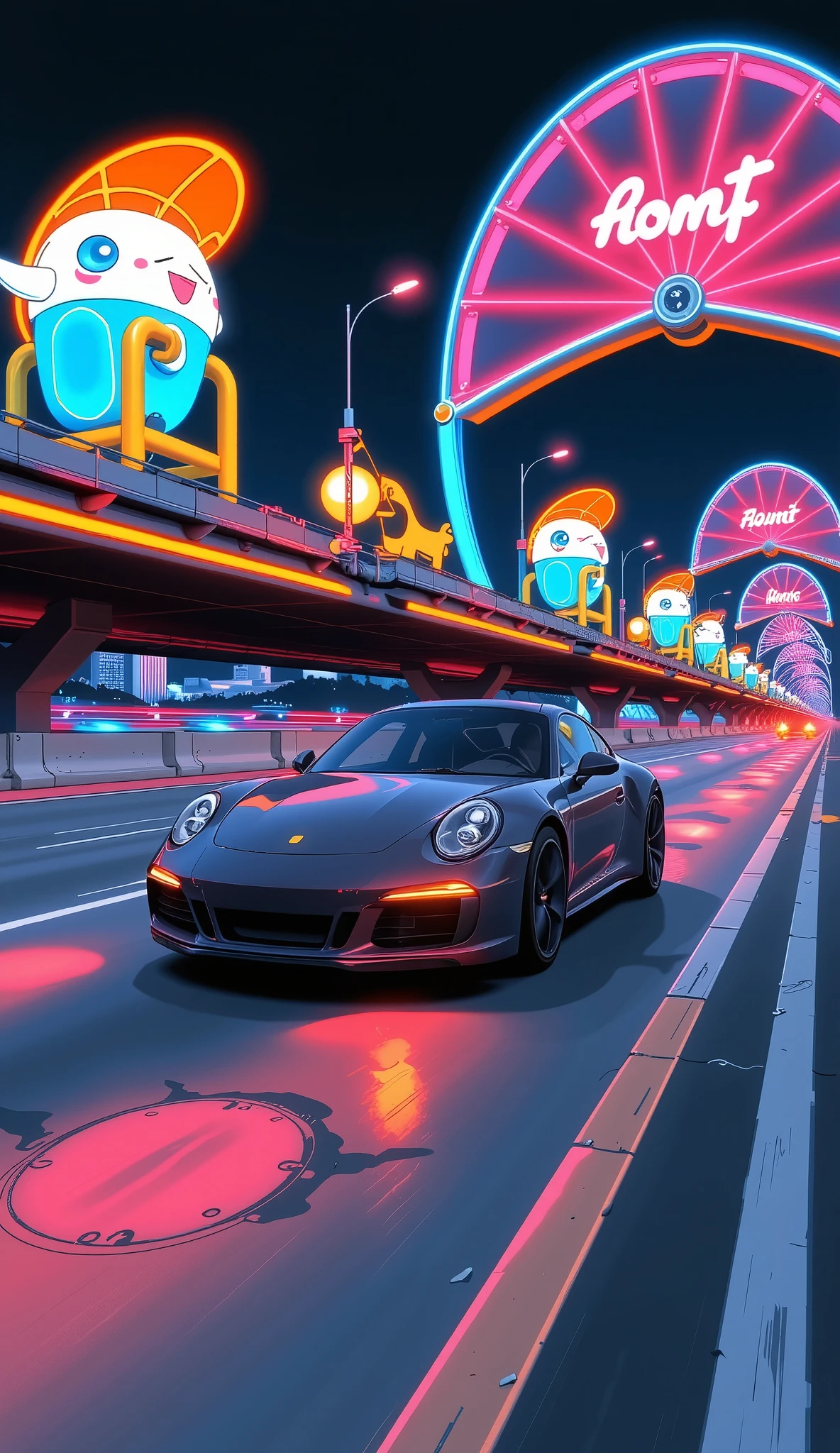 Neon Light Objects, Neon Light Artwork , Porsche 911, Running through Wangan Wharf at Night , movie-like lighting , Movie-like Composition , photorealistic , photorealistic, HD, High Quality , 8k, Aesthetics at its best, masterpiece,