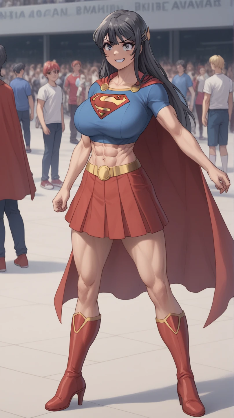 (Muscular:2), (thick thighs:1.9),
(blonde female:1.3), supergirl, (big smile:1.4), (blunt bangs),
earrings, lipstick, eyeshadow,
(hard nipples:1.2),
(small red cape:1.3), (pleated skirt:1.6), (tanktop, midriff:1.2), choker,
(looking at viewer:1.6), (three quarter view), knees cropped, lowlegp,
(floating in midair, sky and clouds background:1.3), rim lighting, two tone lighting, dim lighting, bokeh, detailed skin, detailed eyes