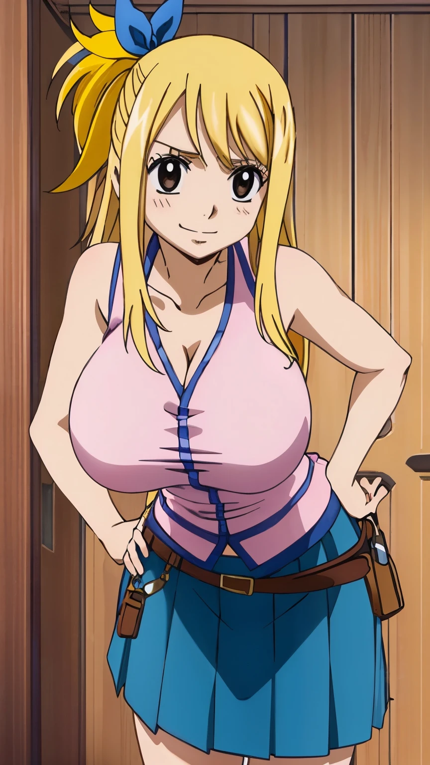  1 girl,  Lucy Heartfilia,  Fairy Tail ,  big breasts,  long hair, Blonde,  brown eyes,  skirt , ribbon,  Cleevidge ,  bare shoulders, clavicle, hair ribbon, Sleeveless, one side up, blue ribbon, blue  skirt , pleated  skirt ,  Pink Panties,(( back angle )),belt,  Potion Shop, pulling down shirt to expose  Cleevidge ,  bewitching smile,   leaning forward slightly  