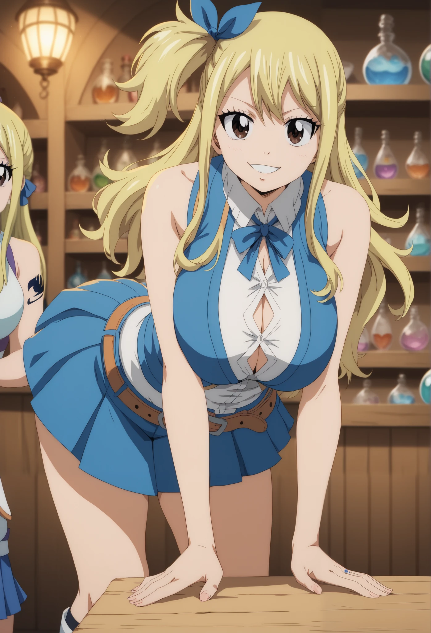 3girls, lucy heartfilia, trio, triplets, clones, blonde hair, brown eyes, long hair, indoors, looking at viewer, anime coloring, parody, side ponytail, bare shoulders, upper body,  sleeveless, hair ribbon,