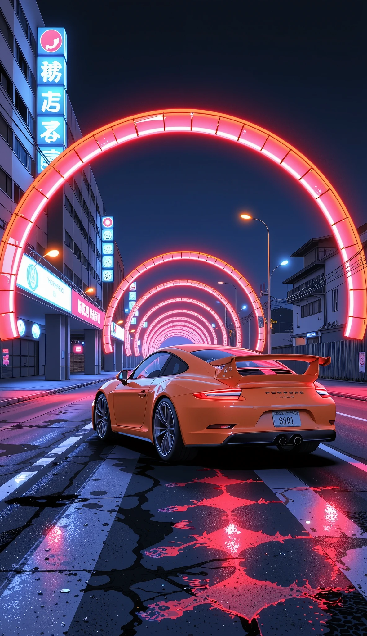 Neon Light Objects, Neon Light Artwork , Porsche 911, Running through Wangan Wharf at Night , movie-like lighting , Movie-like Composition , photorealistic , photorealistic, HD, High Quality , 8k, Aesthetics at its best, masterpiece,