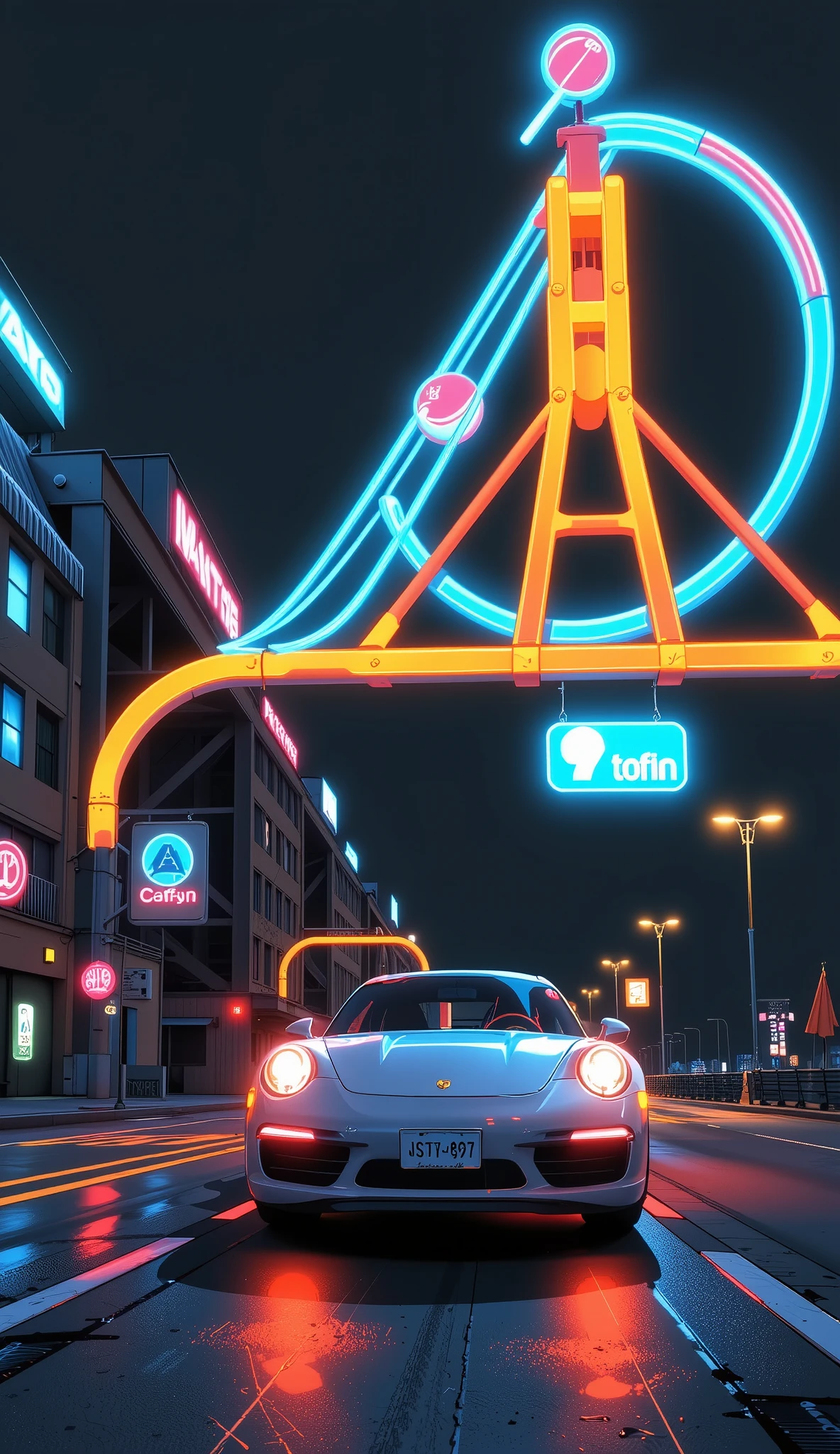 Neon Light Objects, Neon Light Artwork , Porsche 911, Running through Wangan Wharf at Night , movie-like lighting , Movie-like Composition , photorealistic , photorealistic, HD, High Quality , 8k, Aesthetics at its best, masterpiece,
