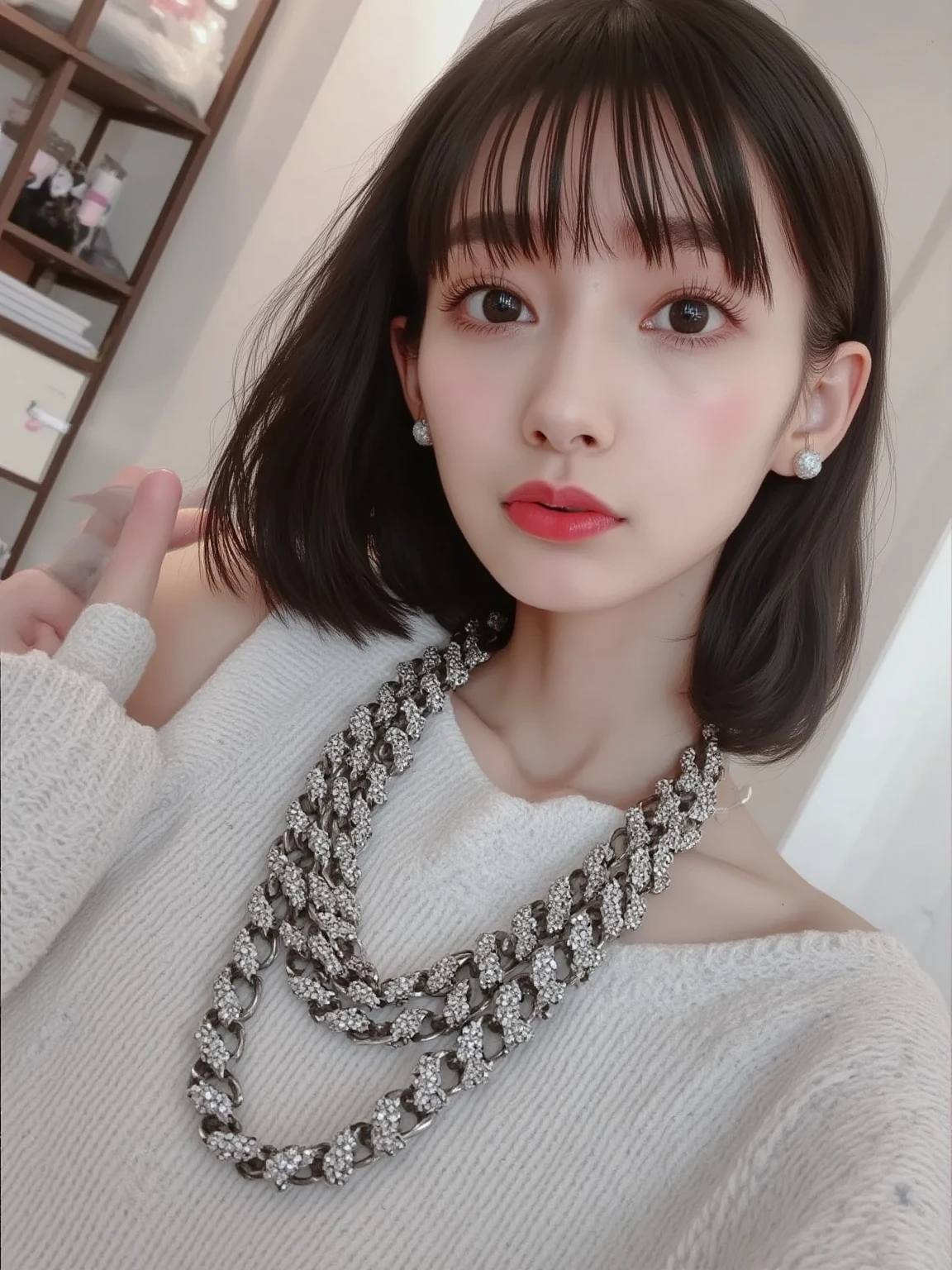 masterpiece、4hair、Looking into the camera、Take a selfie from the front、(Cute smile 1.6)Close-up shot、18-year-old female、Large Breasts、Blonde、With bangs、⦅Loose fluffy bob cut⦆、Fashion Model、Starbucks、Instagram、Cute Woman、Off-shoulder sweater, Pleated mini skirt, (Knee high socks:1.2), Mary Jane shoes, Charm necklace