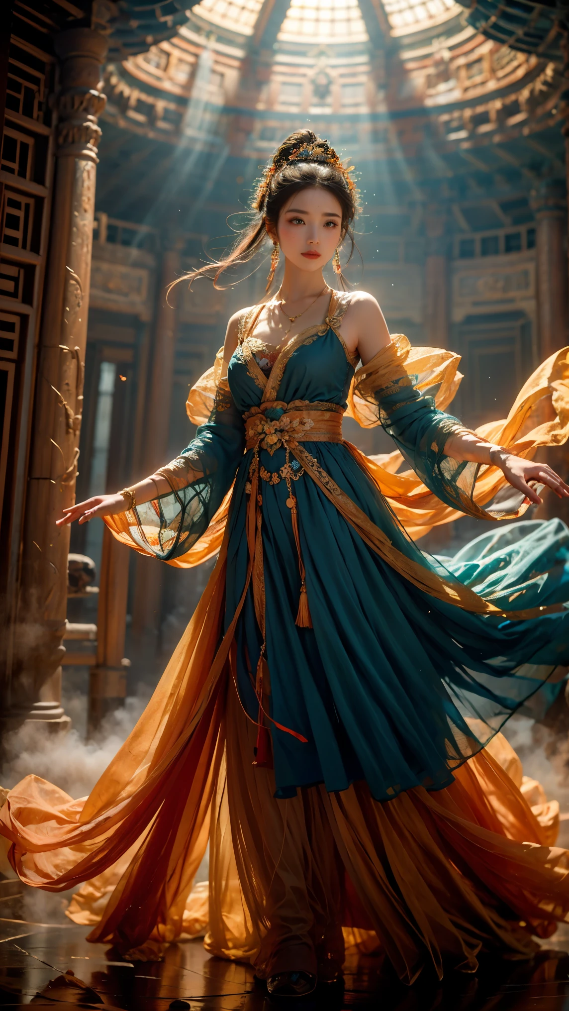 1girl,dunhuang,
masterpiece,best quality,32k uhd,hdr,dtm,cinematic lighting effects,wide shot,wide-angle lens,super vista,super wide angle,exquisite facial features,super delicate face,best fingers,