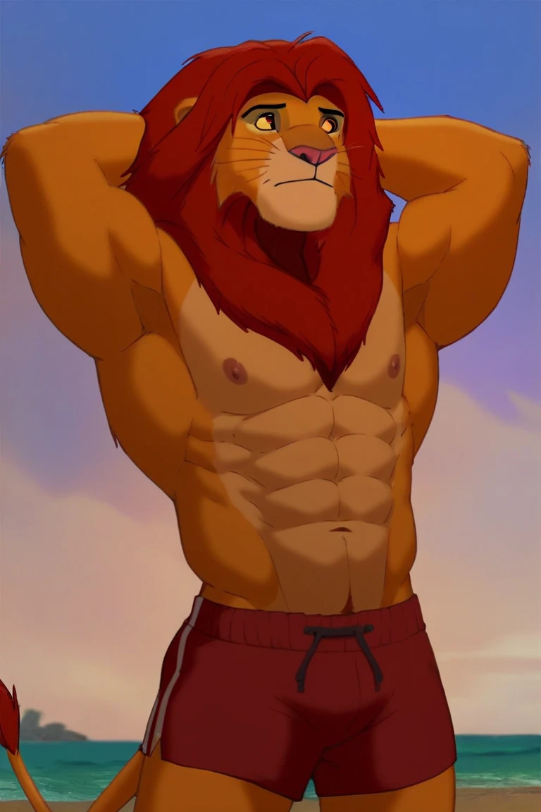 simba, a furry lion, furry, shirtless, muscular, male, red hair, cartoony, illustration, sharp focus, vibrant colors, medium length hair, topless, alone, single, two blogs hairstyle, yellowish fur, cartoony, smooth colors, smooth lining, red hairy armpits, hands up behind head, green eyes, detailed eyes