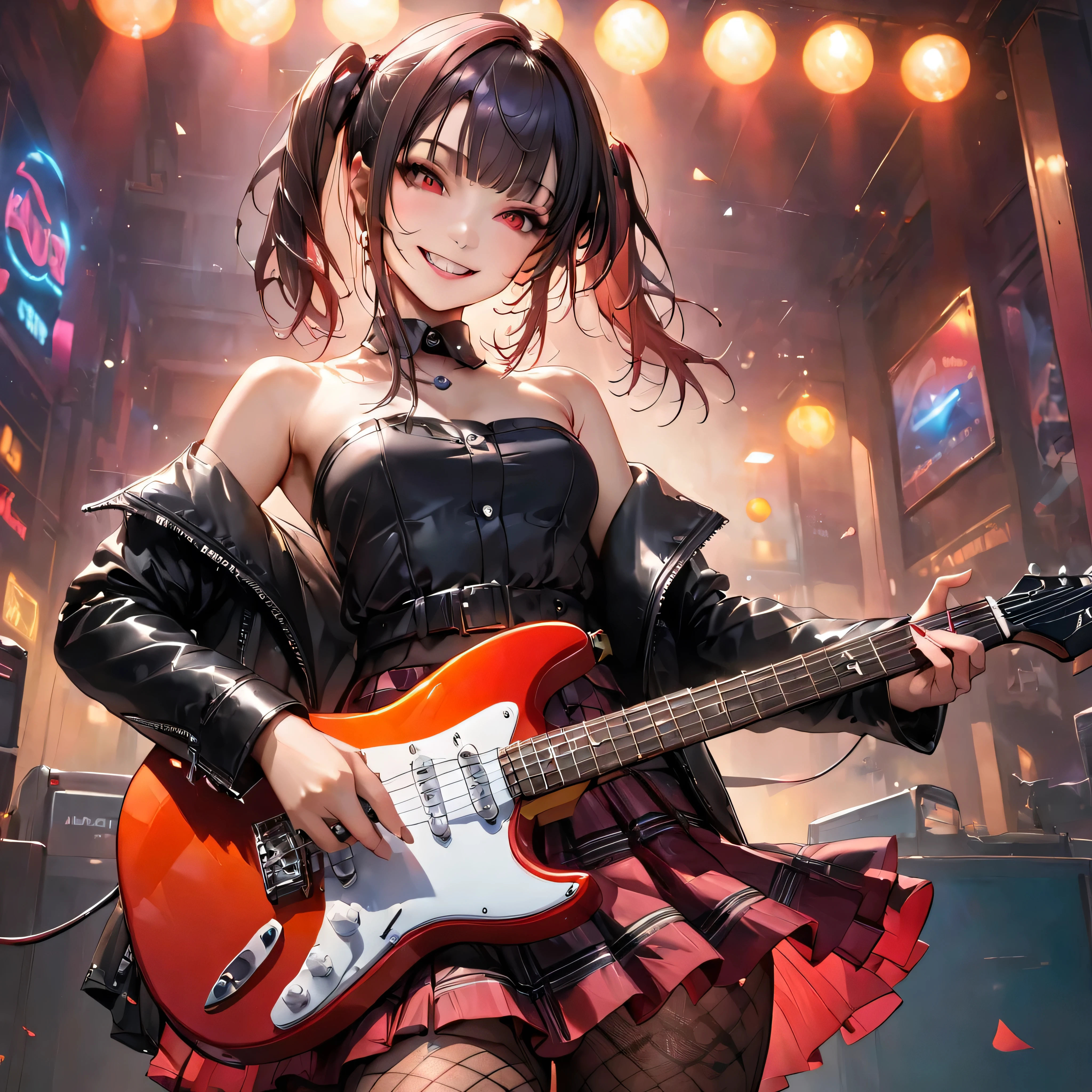 ((masterpiece、Highest quality、Very detailed))、One Girl、Black Hair、short hair、Twin tails、Blunt bangs、Red eyes、Wicked Smile、((Grin))、Small breasts、((Black ruffled clothes))、Off the shoulder、Strapless、((Black leather jacket))、((Check skirt))、Edge skirt、Multiple Chains、Fishnet tights、Cowboy Shot、I have an electric guitar、DJ Club Background