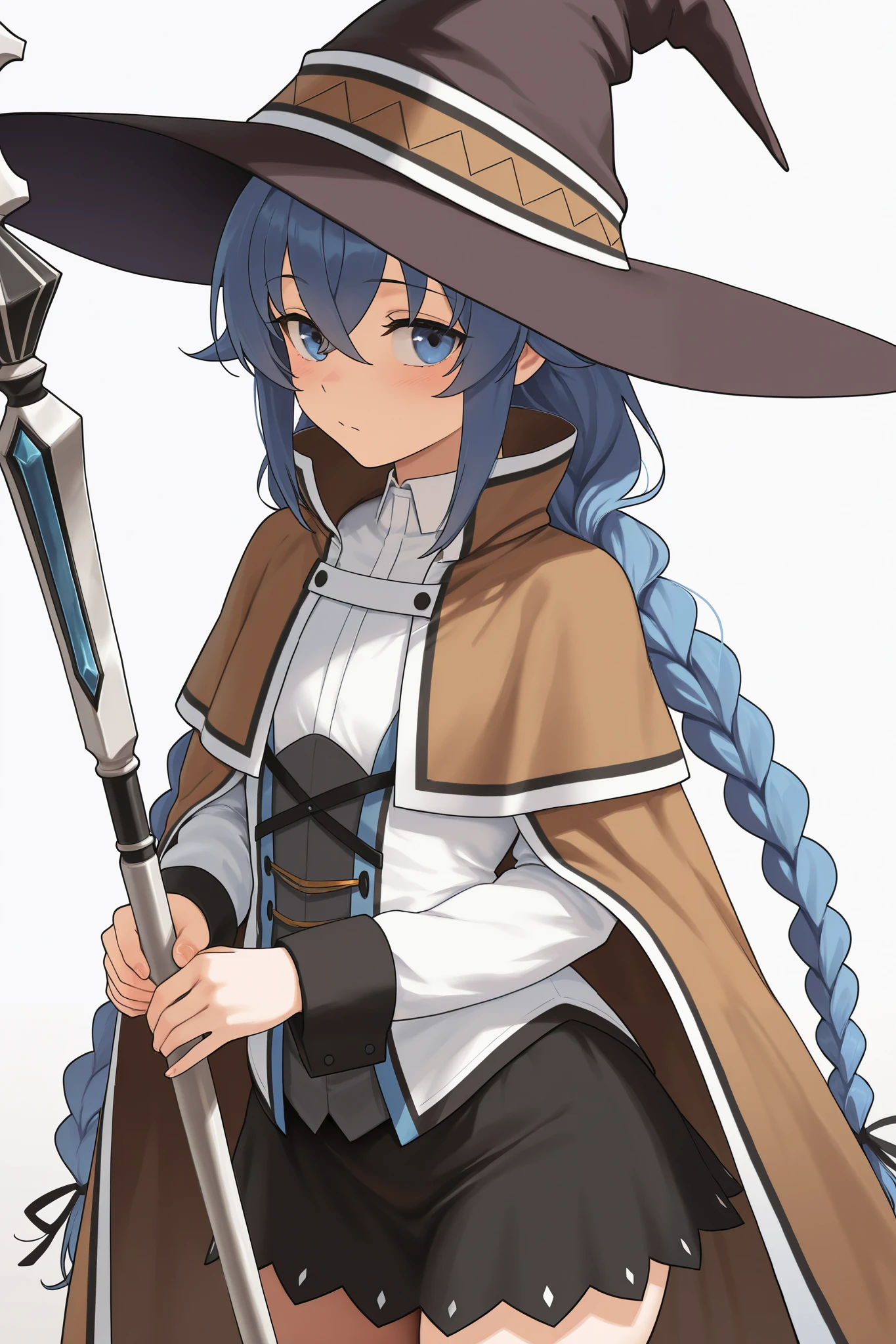 NSFW,masterpiece, best quality , high resolution, very detailed on trends, Roxy Migurdia、 Twin Blade, witch hat、Brown cape、 shirt、 Long Sleeve、 black skirt, Fantasy, Adventurers Guild