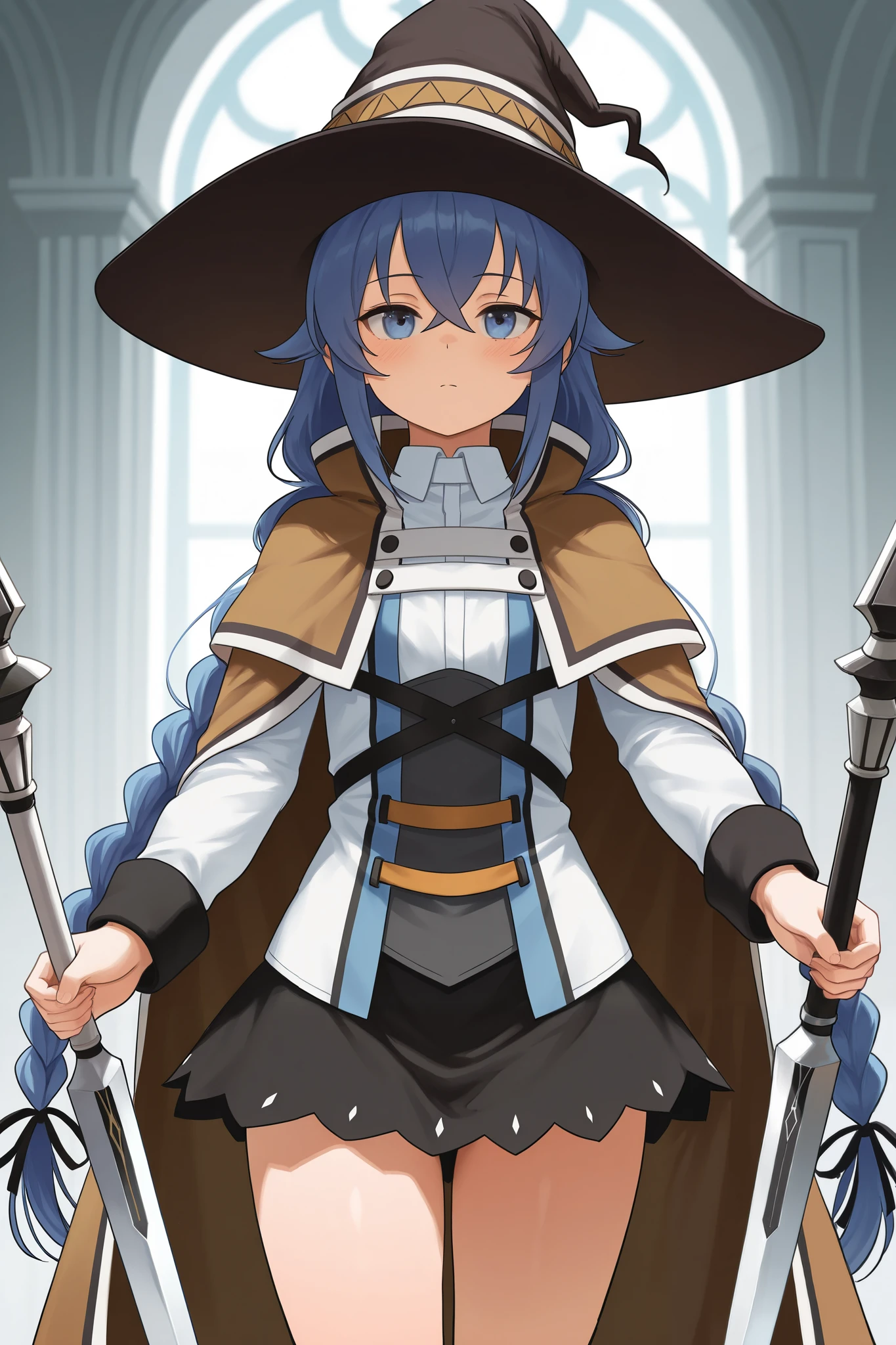 NSFW,masterpiece, best quality , high resolution, very detailed on trends, Roxy Migurdia、 Twin Blade, witch hat、Brown cape、 shirt、 Long Sleeve、 black skirt, Fantasy, Adventurers Guild