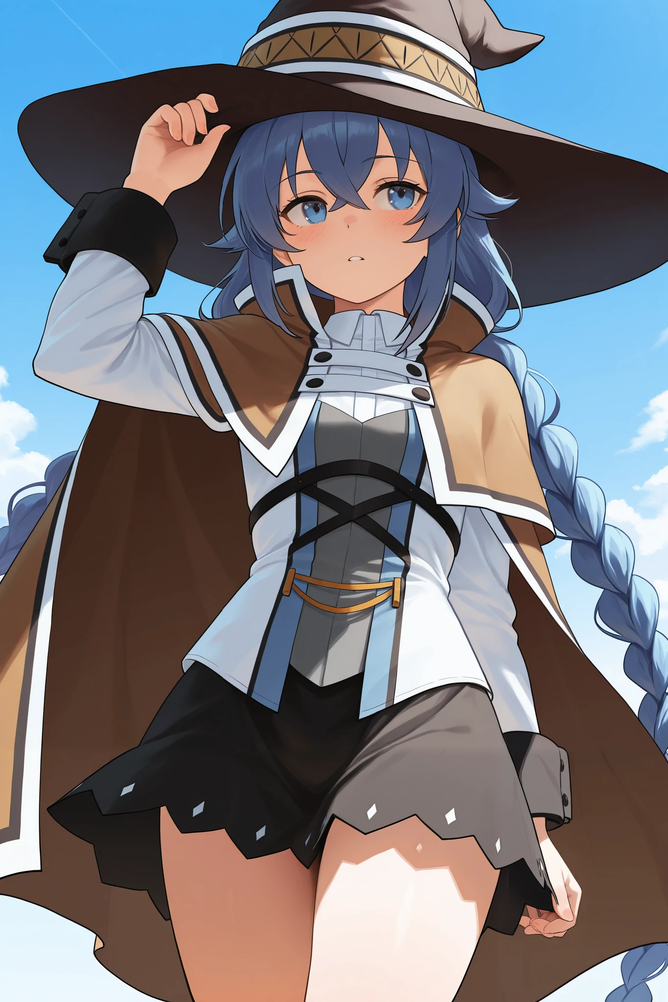 NSFW,masterpiece, best quality , high resolution, very detailed on trends, Roxy Migurdia、 Twin Blade, witch hat、Brown cape、 shirt、 Long Sleeve、 black skirt, Fantasy, Adventurers Guild