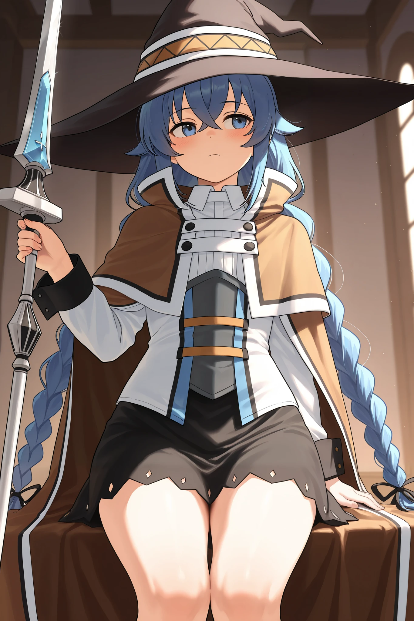 NSFW,masterpiece, best quality , high resolution, very detailed on trends, Roxy Migurdia、 Twin Blade, witch hat、Brown cape、 shirt、 Long Sleeve、 black skirt, Fantasy, Adventurers Guild