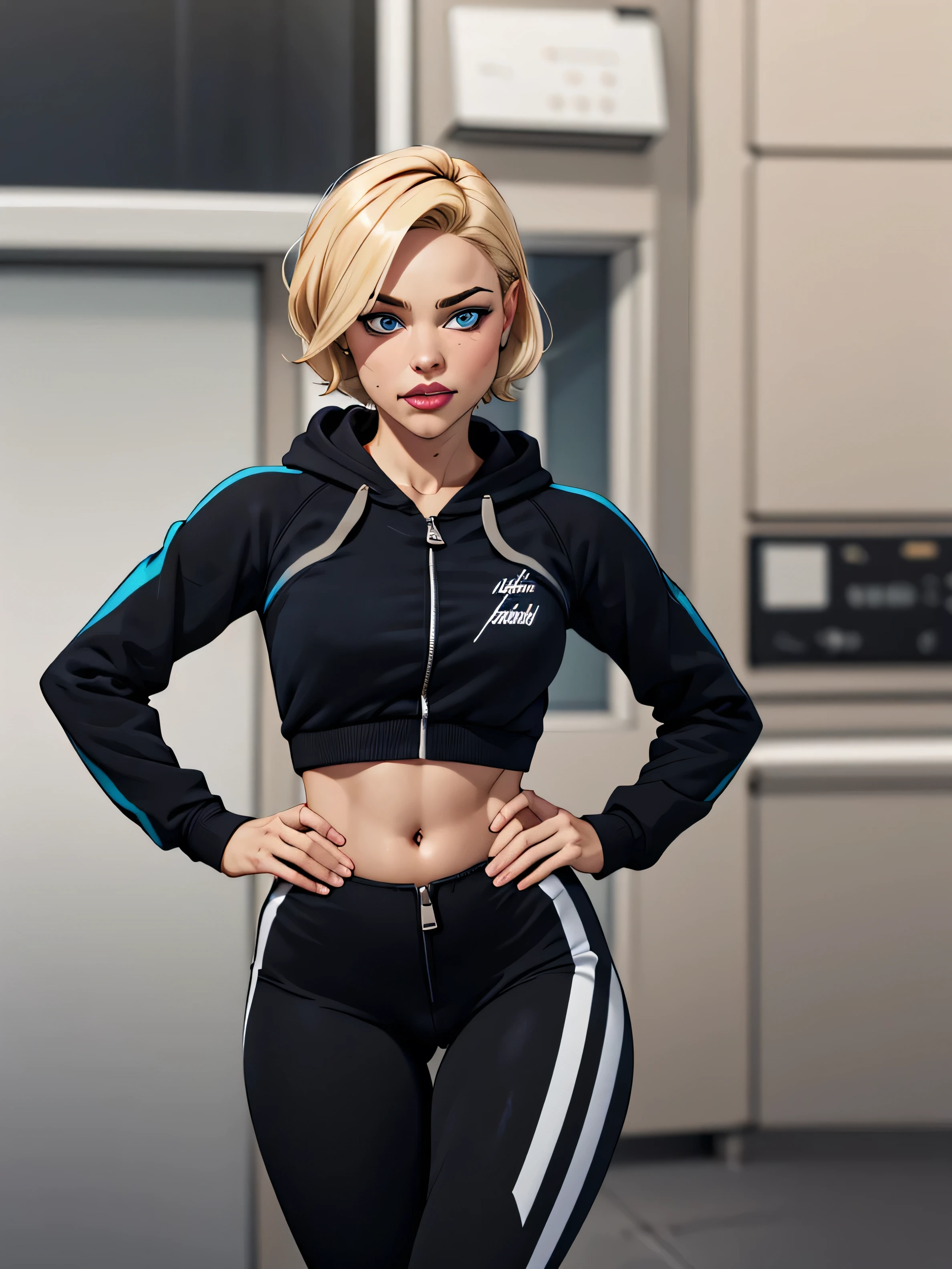 Girl with short blonde hair, blue eyes, Girl wearing a black velvet sweatsuit, wearing a black sweatshirt with a white side stripe, with her belly showing, wearing black pants with a white side stripe, Zip-up hoodie