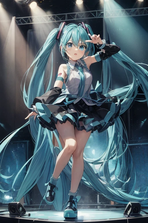 Hatsune Miku, happy, smile, mouth open, singing, dancing, highest quality, high resolution. Intricate Details,Top Quality, Chromatic Aberration, 1girl, Solo, wet Skirt, Hatsune Miku, Long Hair, Thighs, Twin Tails, Detached Sleeves, Tie, Thigh Boots, Boots, Sleeveless, Headset, Aqua Eyes, Pleated Skirt, Aqua Hair, Full Body, Sleeveless Shirt, Simple Background, Very Long Hair, White background, black footwear, black thighs, hair ornament