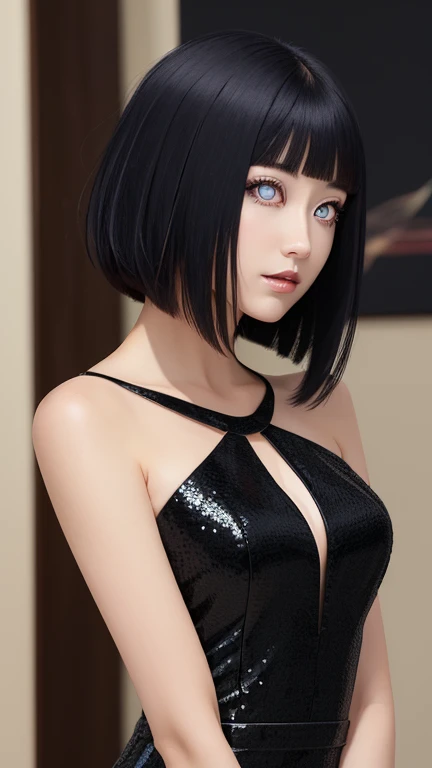(masterpiece, best quality:1.2),bellissima, realistic, xcharleston style, 1girl, short hair, black hair, 1boy, dress, jewelry, earrings, blunt bangs, black dress, makeup, formal, suit, realistic