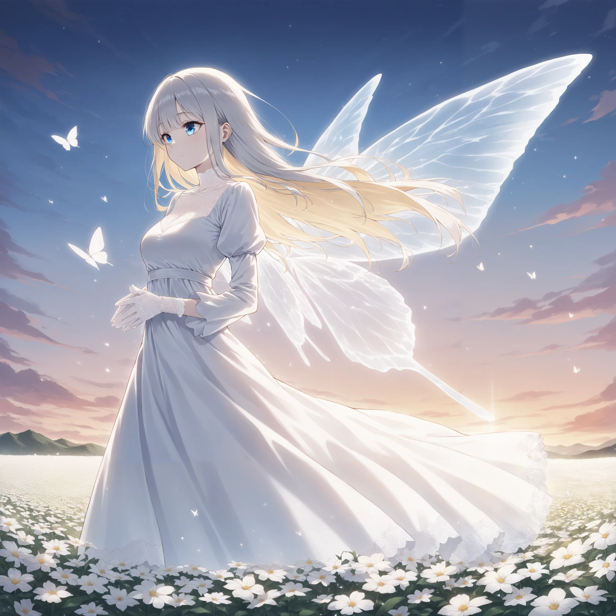 (masterpiece, Best quality, 8k, high resolution),(beautiful daughter), (Absurd), solo, general, (hands together), (Side view), (Flower Field), blue sky, (Dusk), (long Shiny hair), (silver hair, blonde dip-dye hair), cyan colored eye, (sparkle eye), (beautiful breasts), (pure white butterfly wings), (Illusion transparent wings), (pale skin), (looking away), white long Dresses , (long sleeves), (Cinema Lighting), (Gentle Breeze), bioluminescent dress, lace gloves