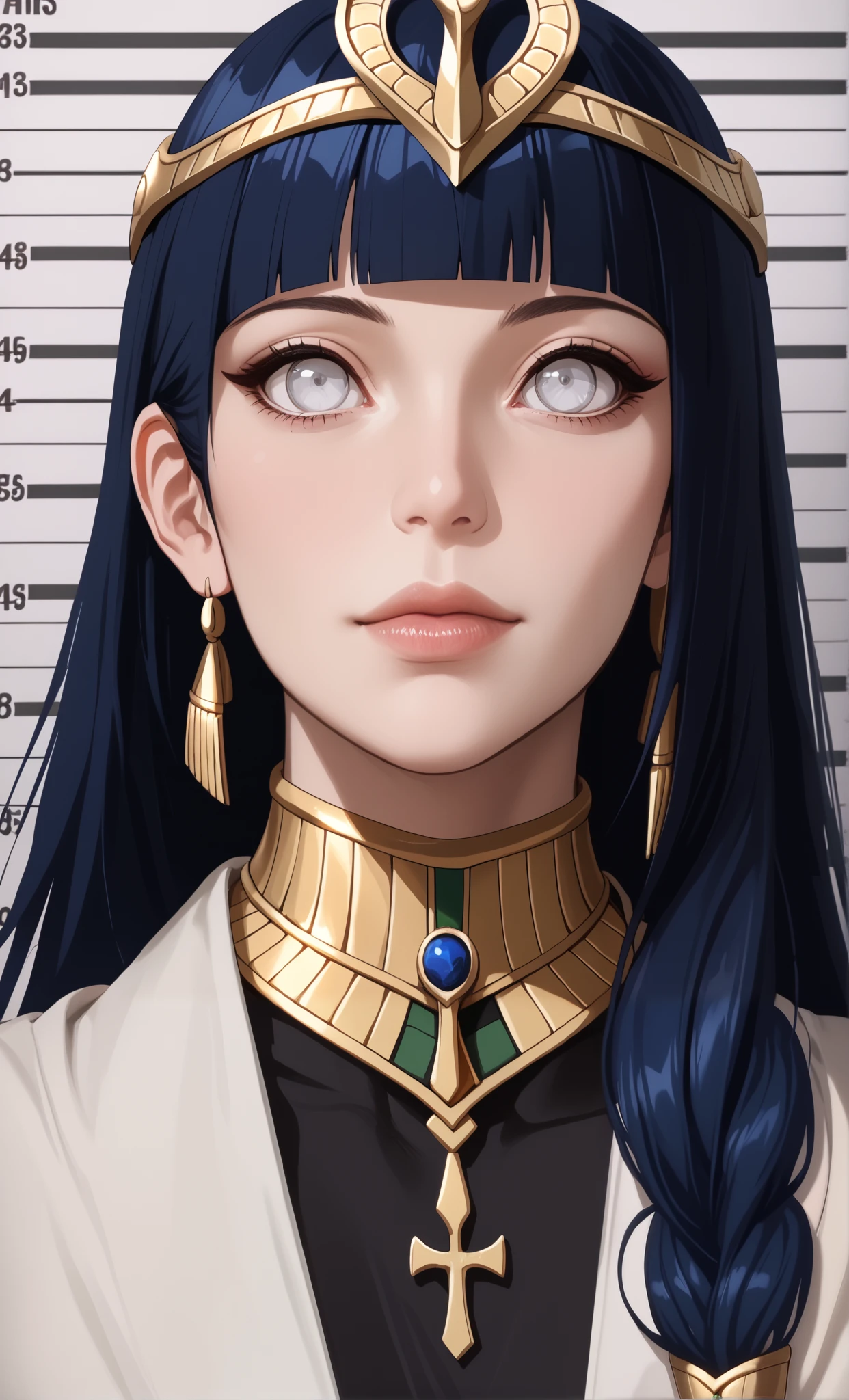 Hinata_Hyūga/Boruto, DARK BLUE HAIR, White EYES, LONG HAIR, BLUNT-BANGS HAIR. Score_10, Score_9, Score_8_up, Score_7_up, Score_6_up, Score_5_up, Score_4_up, Source_anime, Tag1, Tag2, Quality_masterpiece, Anatomically correct, Beautiful face, Perfect face, Highly detailed beautiful face and eyes, Attractive face, Detailed face, Delicate facial features, Gigantic Breasts, Huge Hips, Wide Ass, Hourglass Model Body, 4k, a portrait of an Lewd egypt goddes Of Sekhmet, intricate Goddes Of Egypt Civilization outfit, epic realistic, kit, aesthetic, cinematic, insane details, hyperdetailed, dimmed colors, muted colors, film grainy, slate, lut, spooky, vignette, At Her Palace, mugshot, art by rutkowski, Assassin Creed Origins Game Universe, (((Walking around of her Palace : 1.3)))