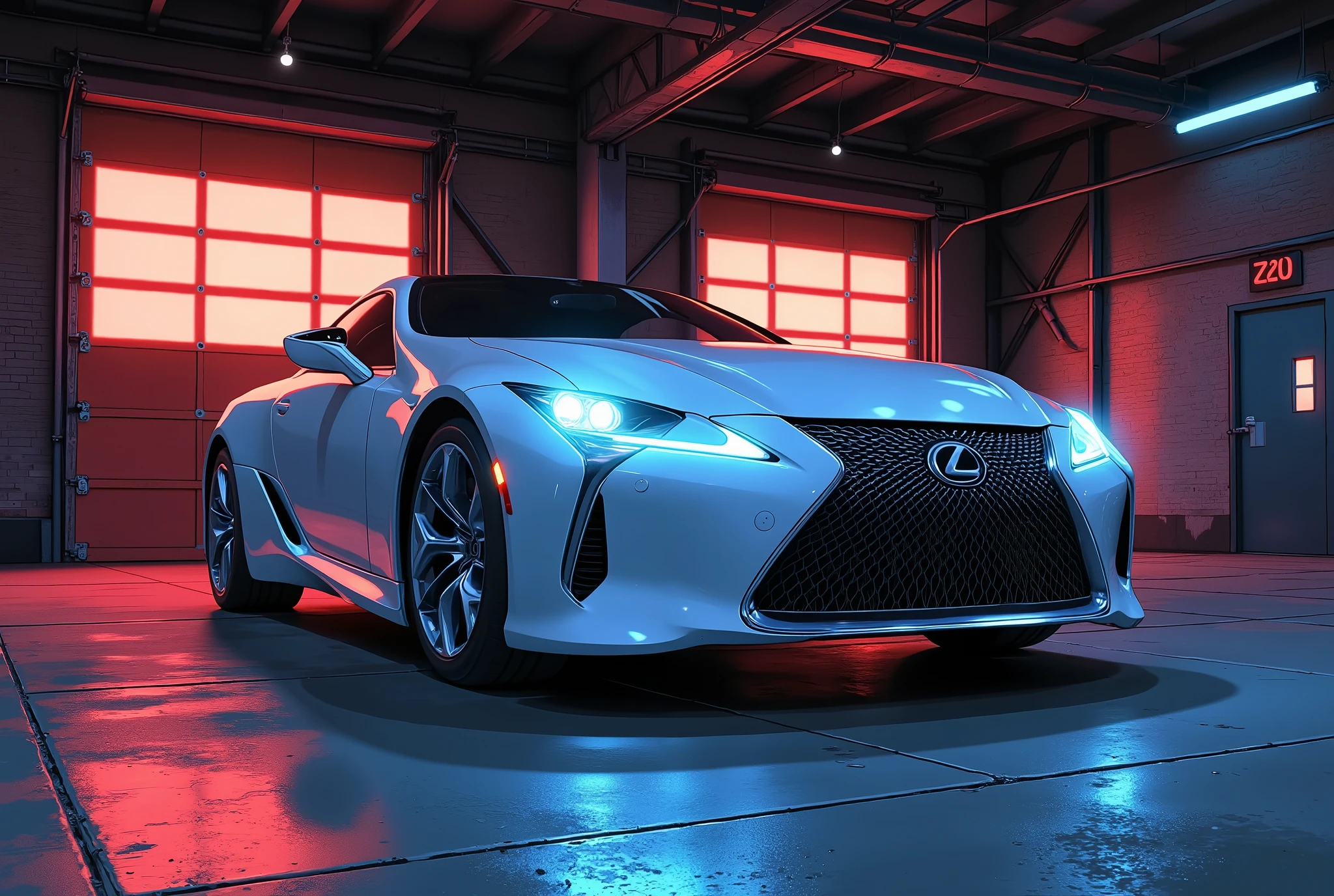Lexus LC500 , in front of a brick warehouse, photoshoot, ( glowing headlight , rail lens ), movie-like lighting , Movie-like Composition , photorealistic , photorealistic, HD, High Quality , 8k, Aesthetics at its best, masterpiece,