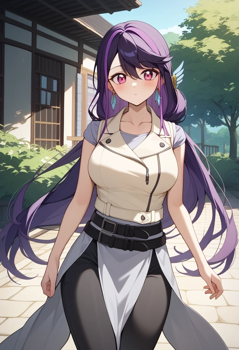 score 9 、score 8 up、score 7 up、score 6 up、score 5 up、score 4 up、score 3 up、source anime、masterpiece、 best quality 、 HD、 high resolution、 very detailed face、 very detailed eyes、 1girl 、aa ruri 、Alone、Purple Hair、 long hair、multicoloed hair、Pink eyes、hair ornament、earrings、Big Breasts、 big breasts、narrow hips、grey shirt、black belt、white vest、black pants、、standing、Female focus、looking at viewer、cowboy shot、Outdoors、