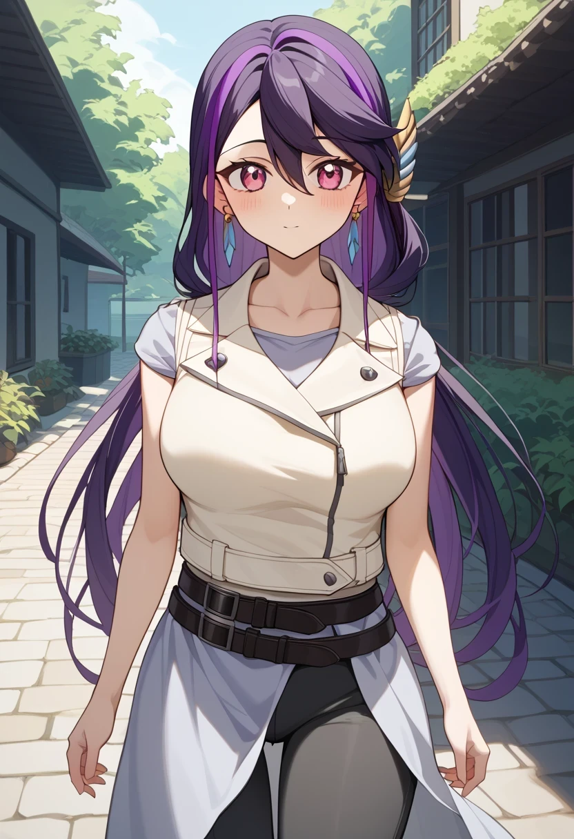 score 9 、score 8 up、score 7 up、score 6 up、score 5 up、score 4 up、score 3 up、source anime、masterpiece、 best quality 、 HD、 high resolution、 very detailed face、 very detailed eyes、 1girl 、aa ruri 、Alone、Purple Hair、 long hair、multicoloed hair、Pink eyes、hair ornament、earrings、Big Breasts、 big breasts、narrow hips、grey shirt、black belt、white vest、black pants、、standing、Female focus、looking at viewer、cowboy shot、Outdoors、